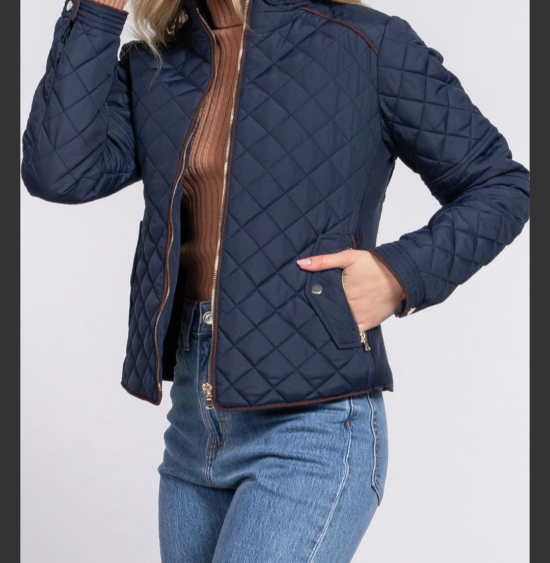 Suede Piping Detail Rib Quilted Padding Jacket