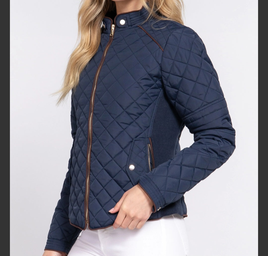 Suede Piping Detail Rib Quilted Padding Jacket