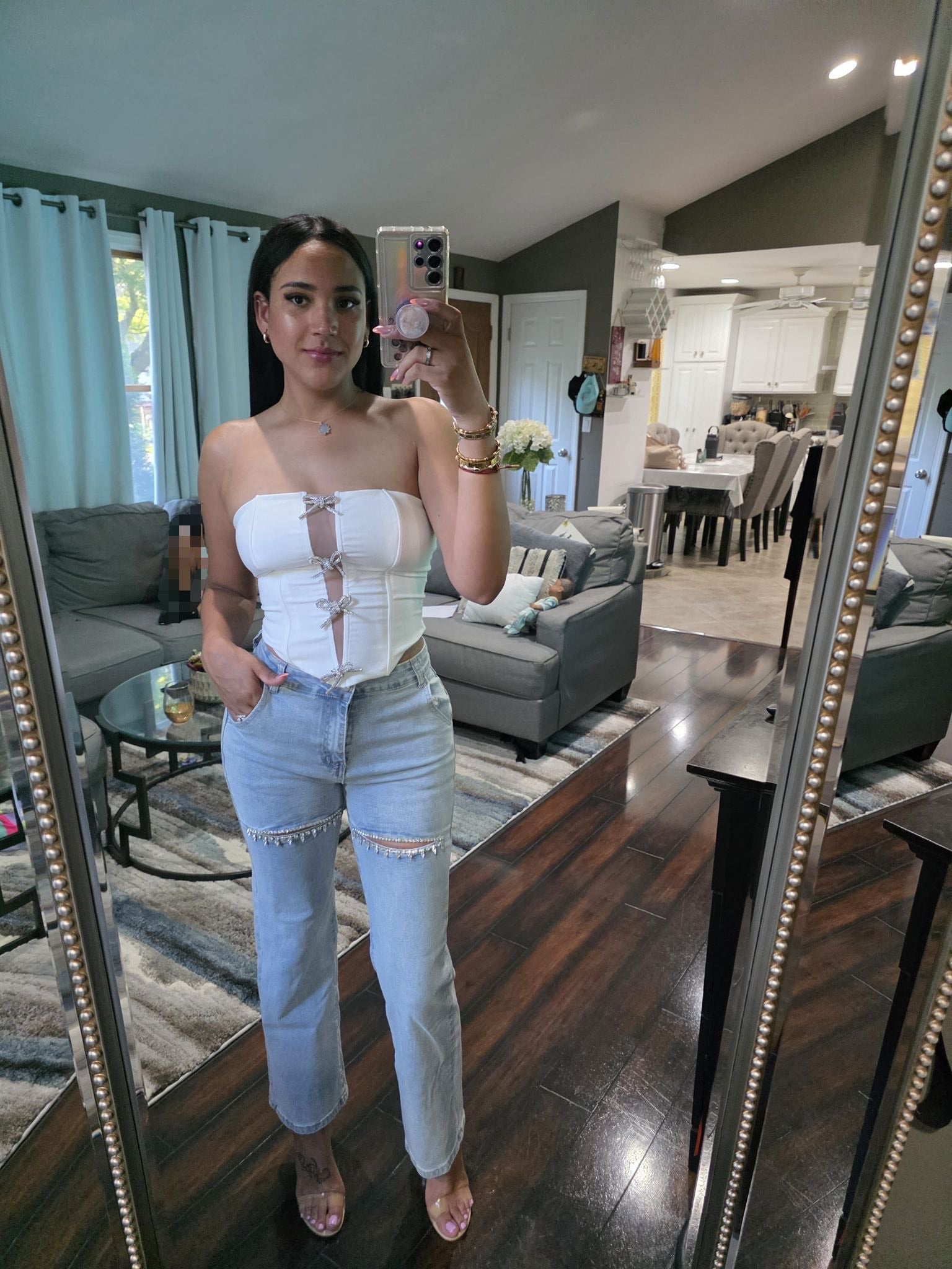 Karmen Strapless Semi Sheer Bow Embellised Bustier Top