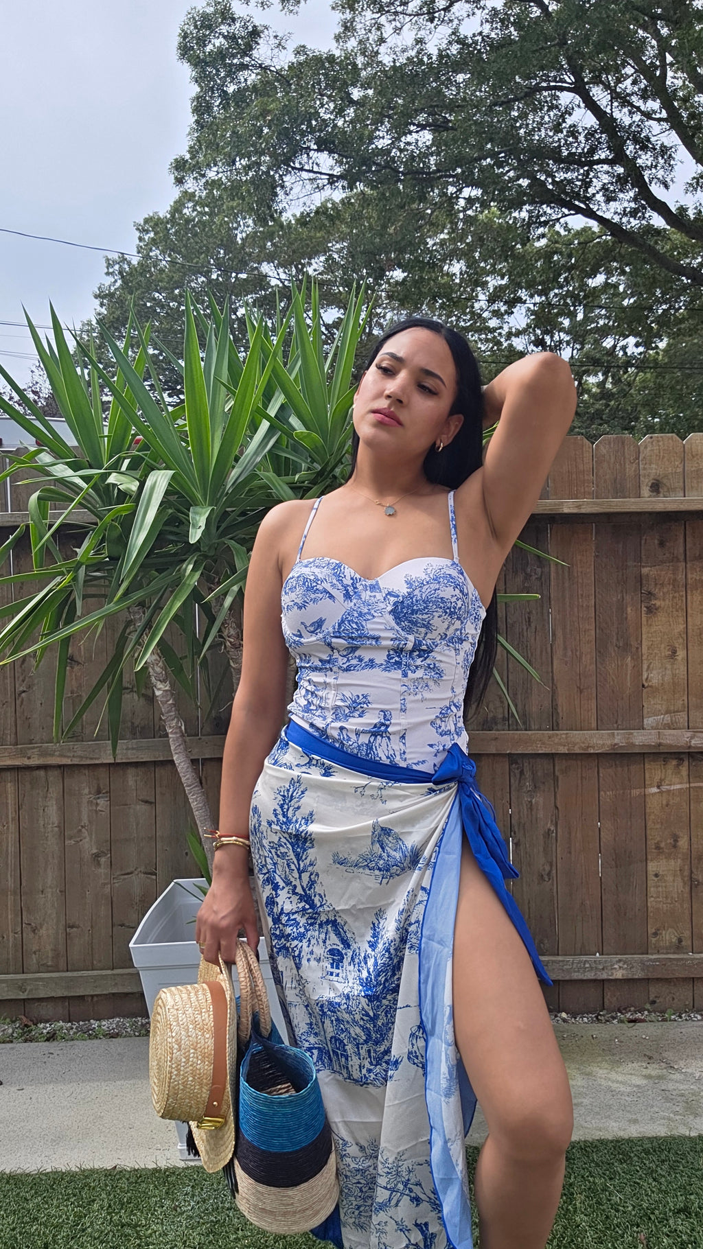 Retro Print One-Piece Swimsuit with Half-Length Skirt Set