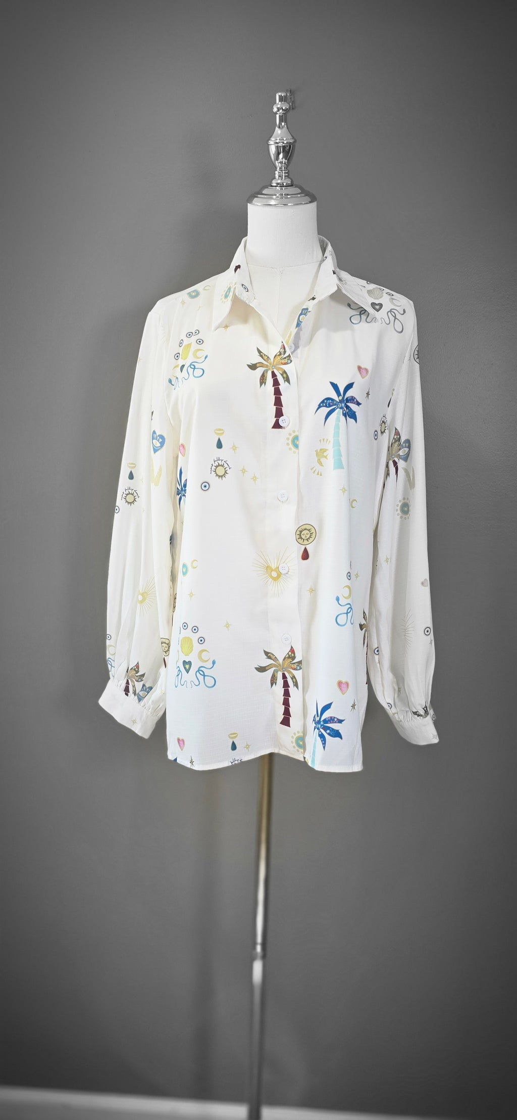Collared Palm Tree Embroidered Blouse Shirt Top