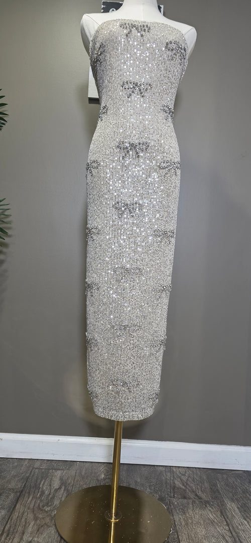 Champagne Bow Sparkly Midi Dress