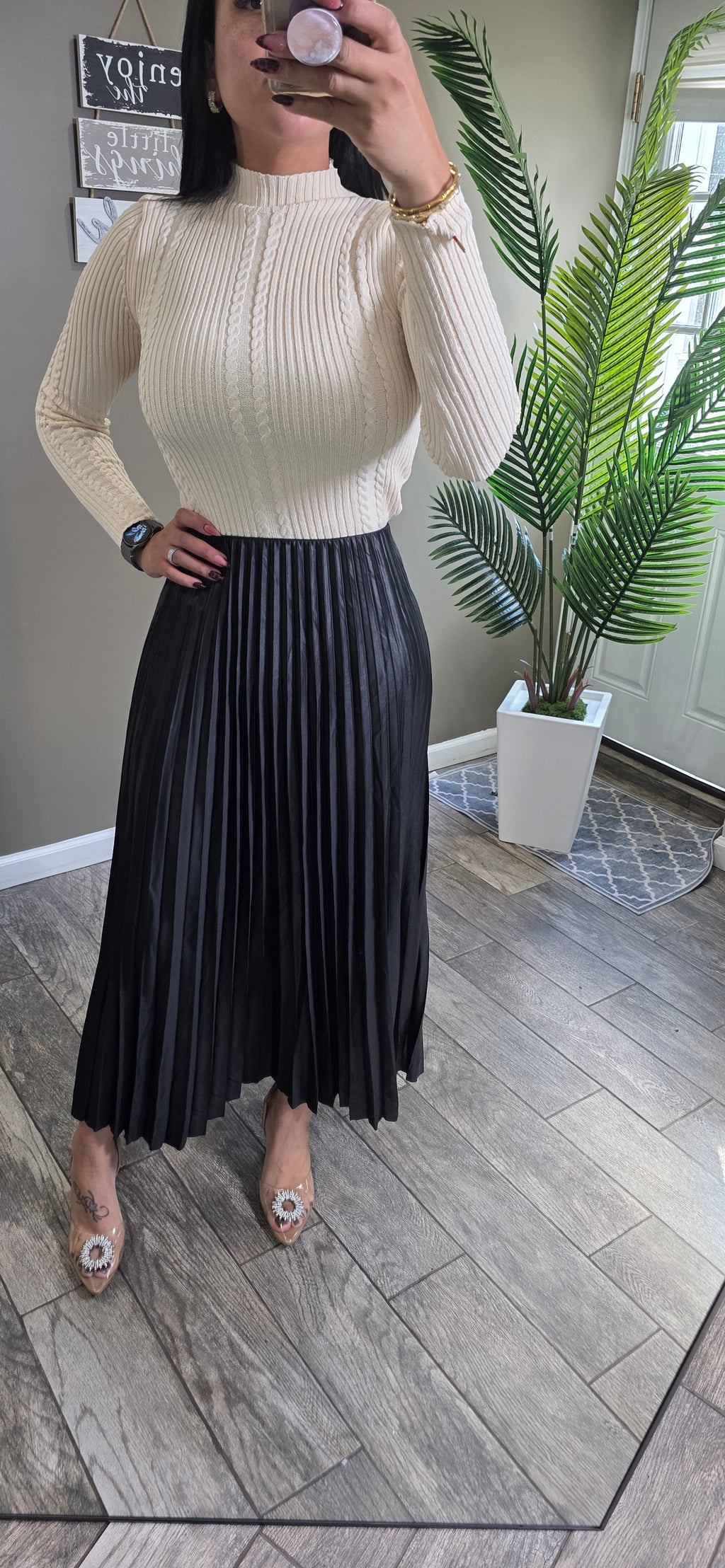 Mock Neck Knit Top Cable Knit Fitted Knit