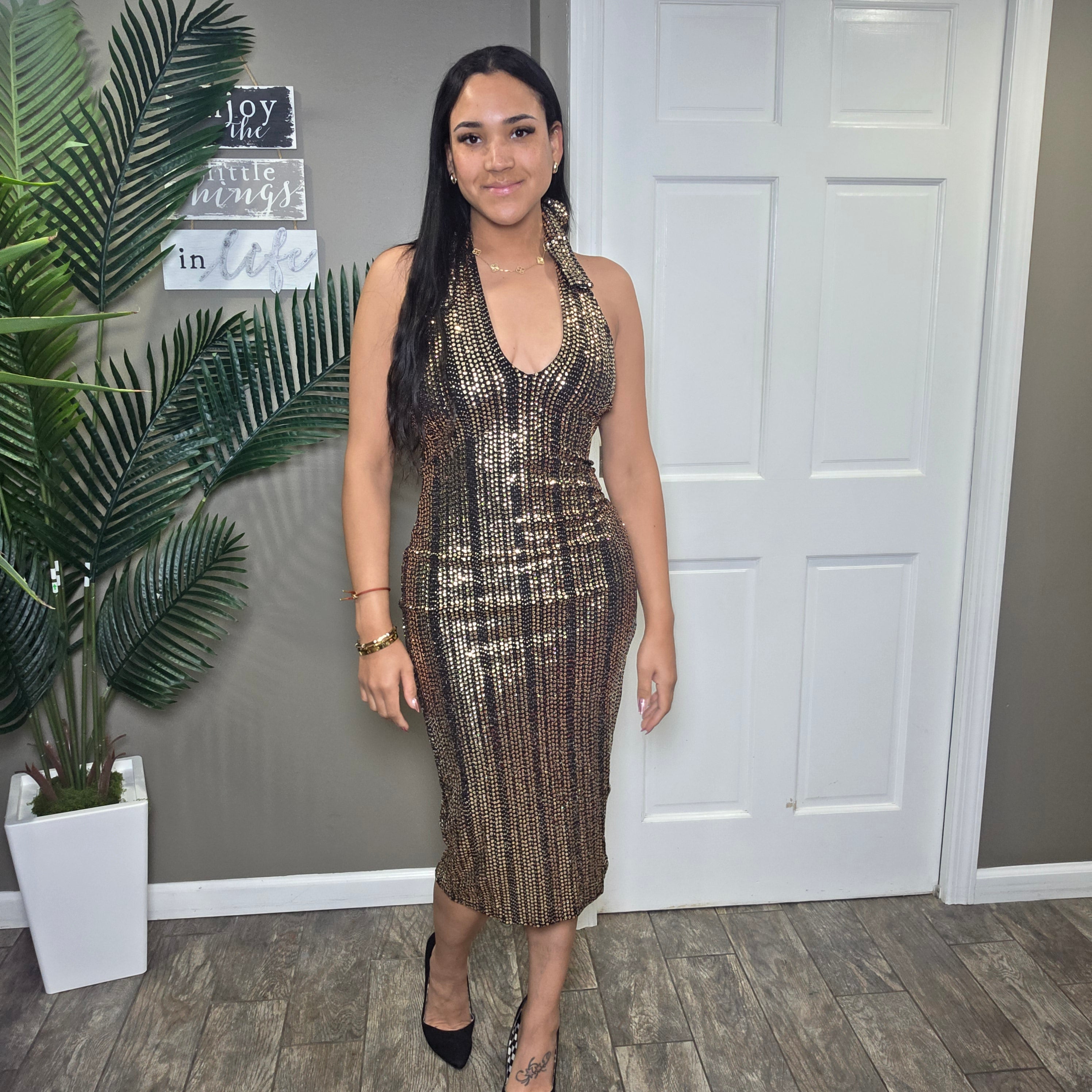 Golden Nights Halter Midi Dress