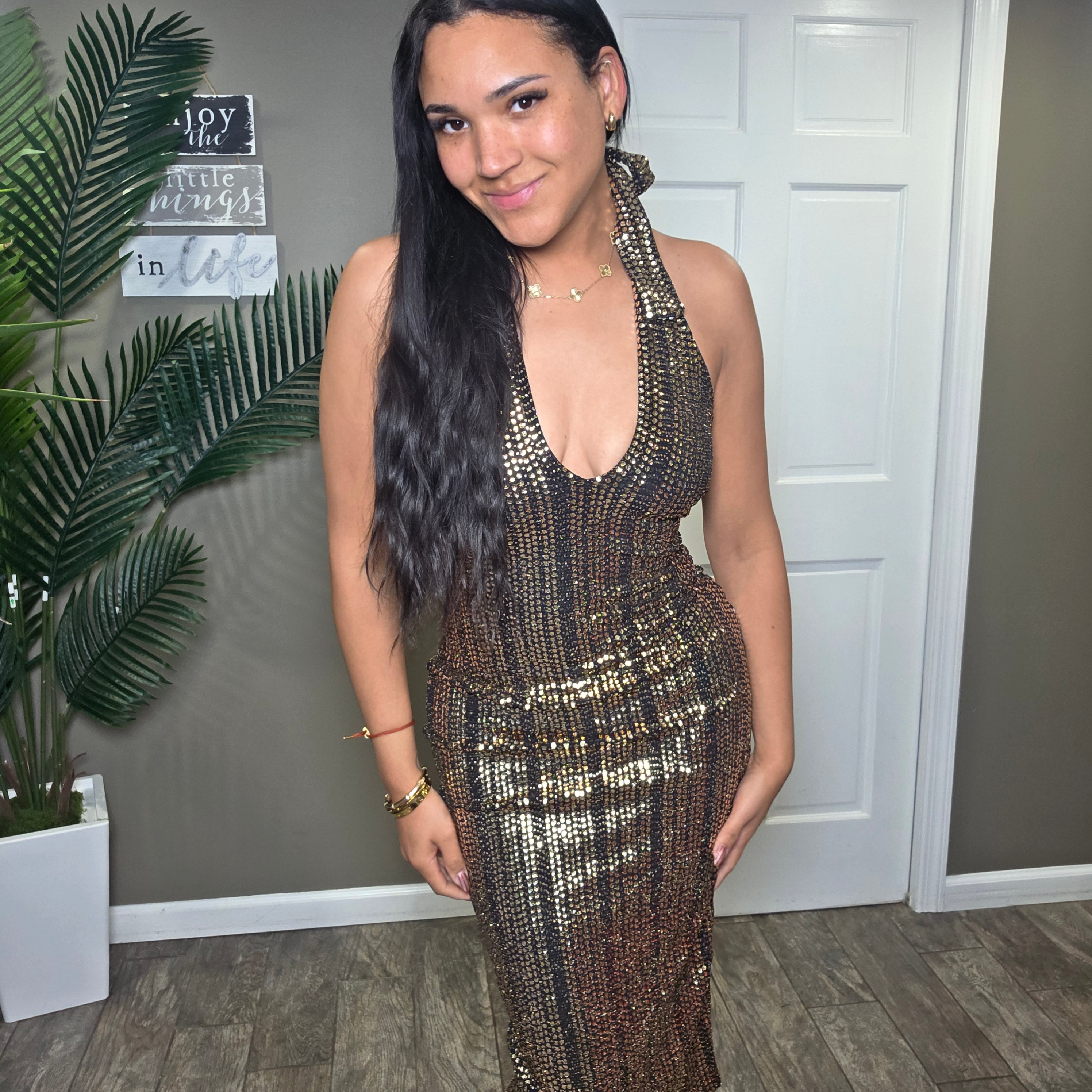 Golden Nights Halter Midi Dress