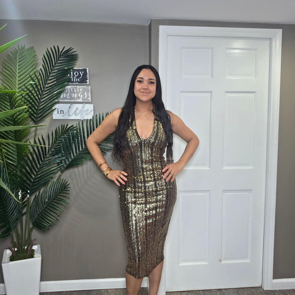 Golden Nights Halter Midi Dress