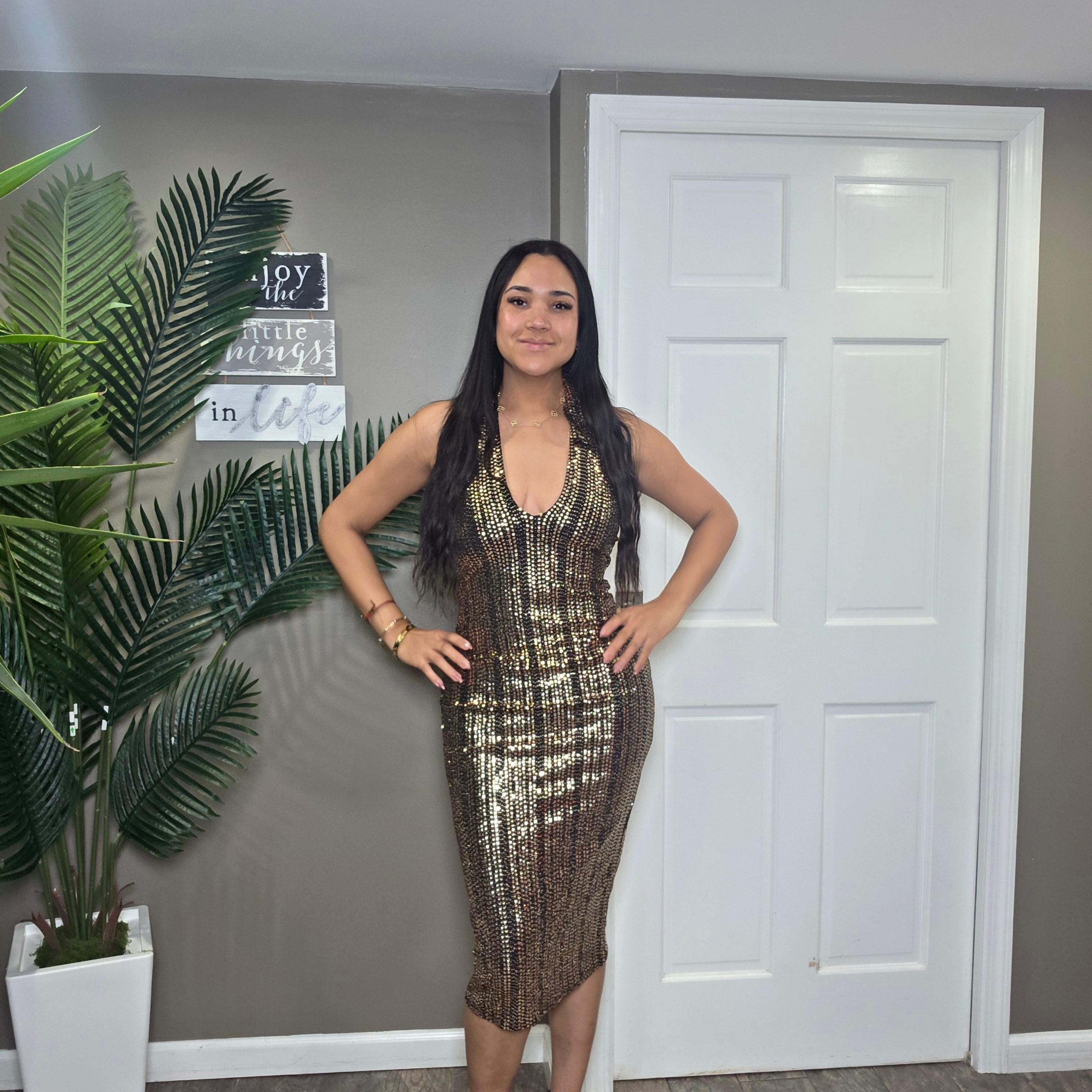 Golden Nights Halter Midi Dress