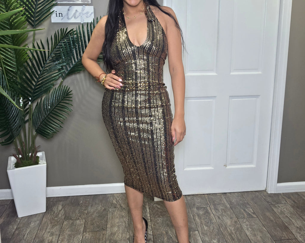 Golden Nights Halter Midi Dress