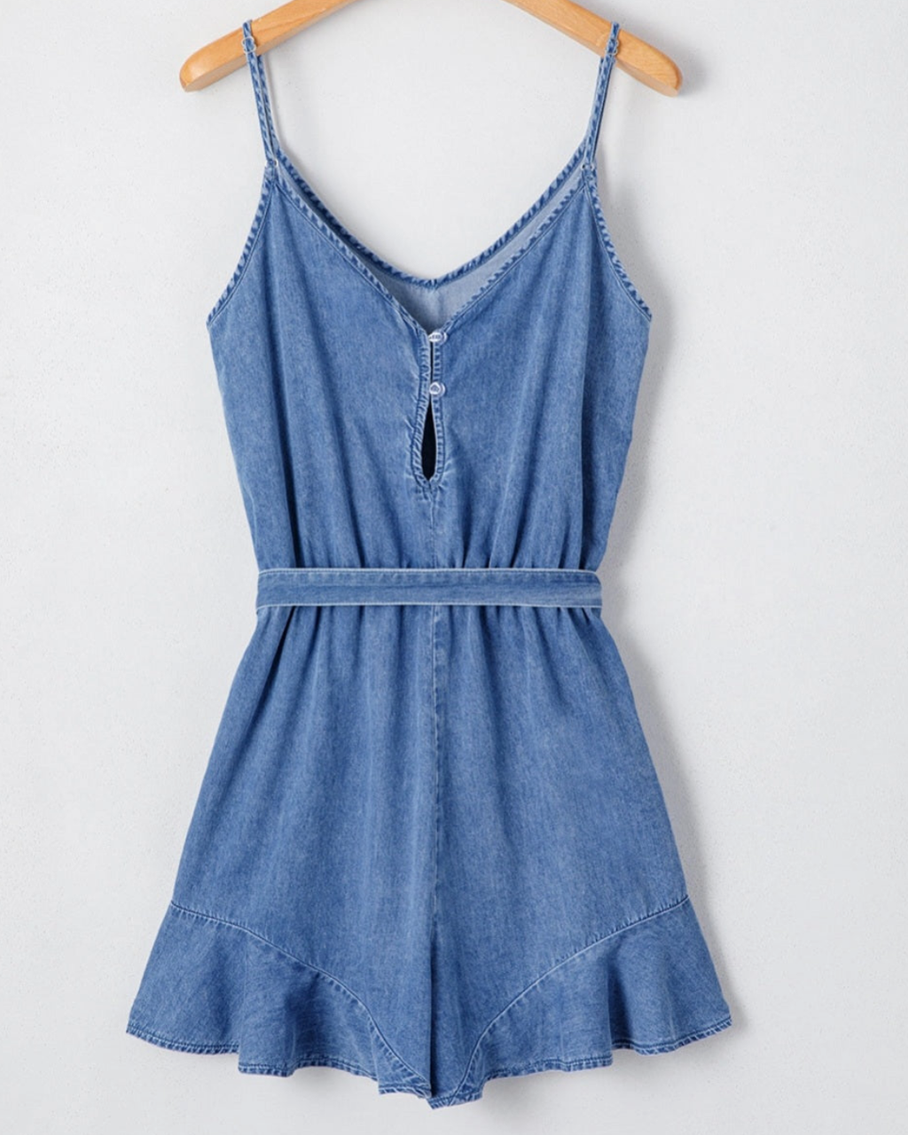 Chambray Spaghetti Strap Romper with Ruffle Hem and Belted Waist