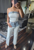 Denim Contrast Twill Straight Leg Pant Set Belted Crop Tube