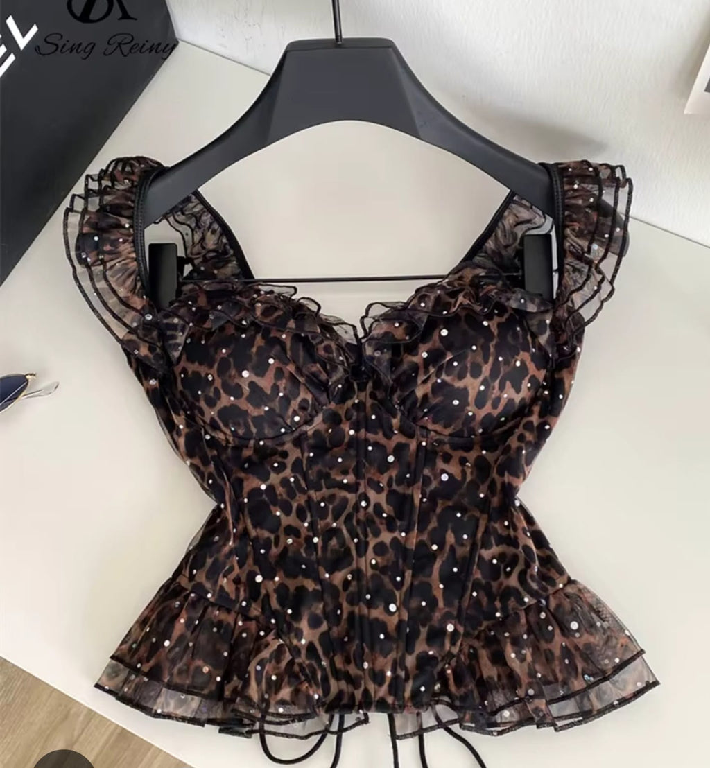 Leopard Printed Rhinestone Bustier Lace Top