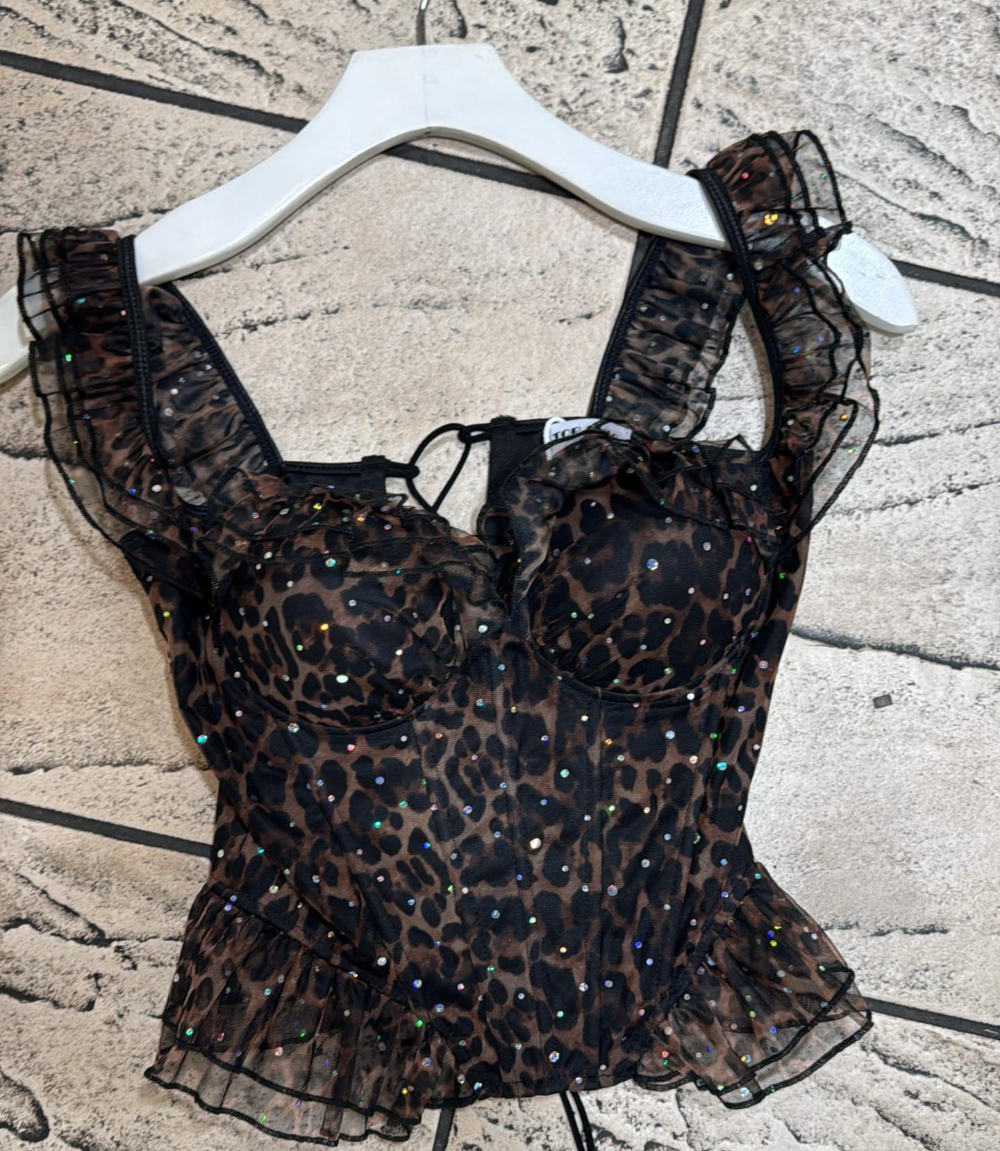 Leopard Printed Rhinestone Bustier Lace Top