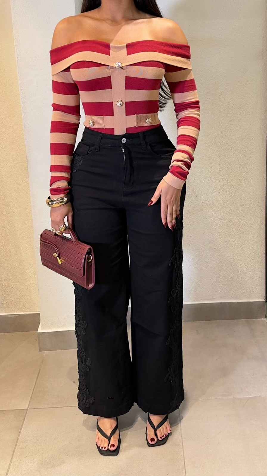 Laon Stripe Off Shoulder Long Sleeve Knit Top