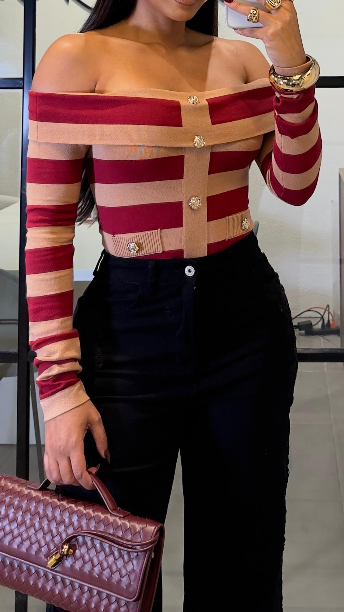 Laon Stripe Off Shoulder Long Sleeve Knit Top