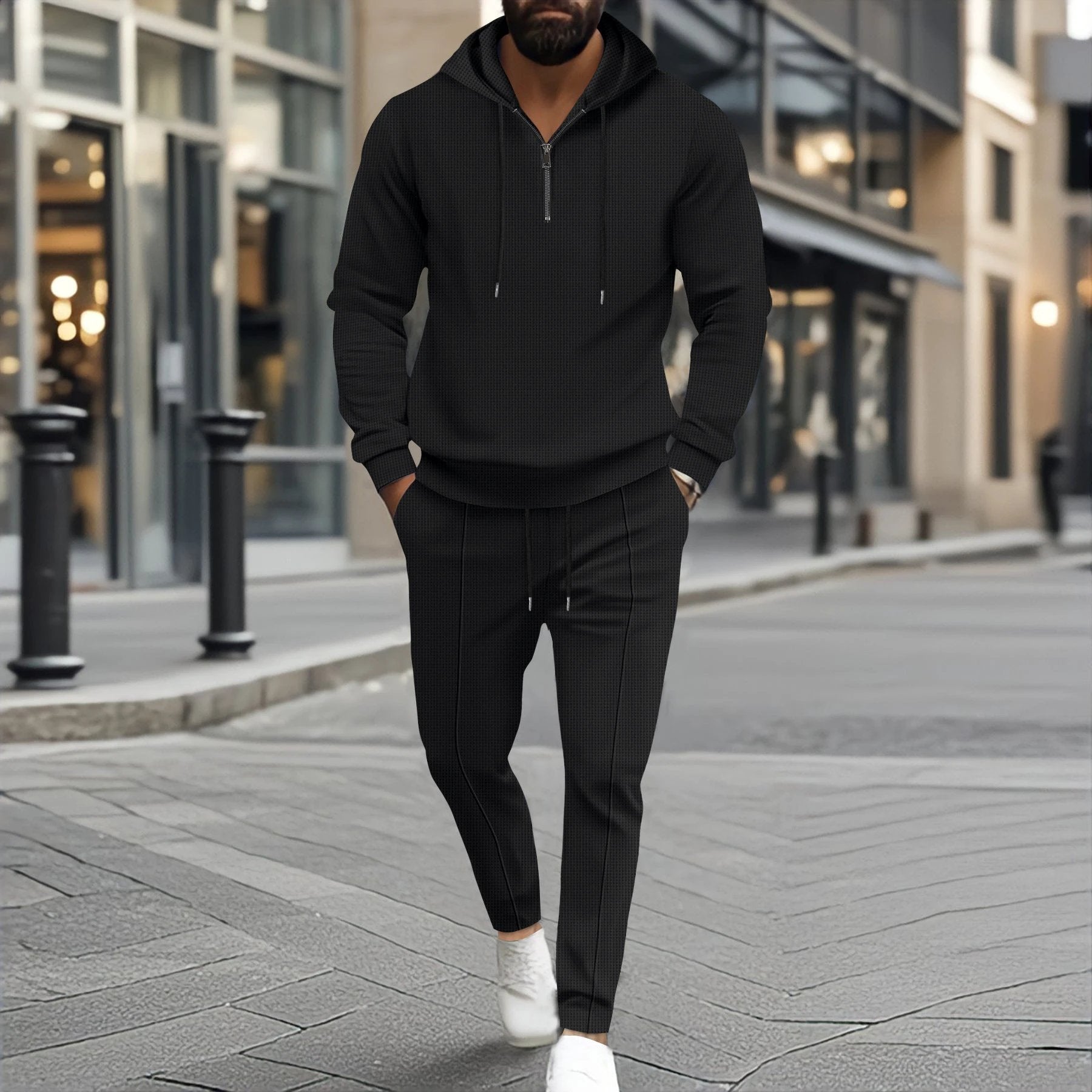 Waffle Hooded Small Zipper Casual Long Sleeve Pants Two-piece Suit