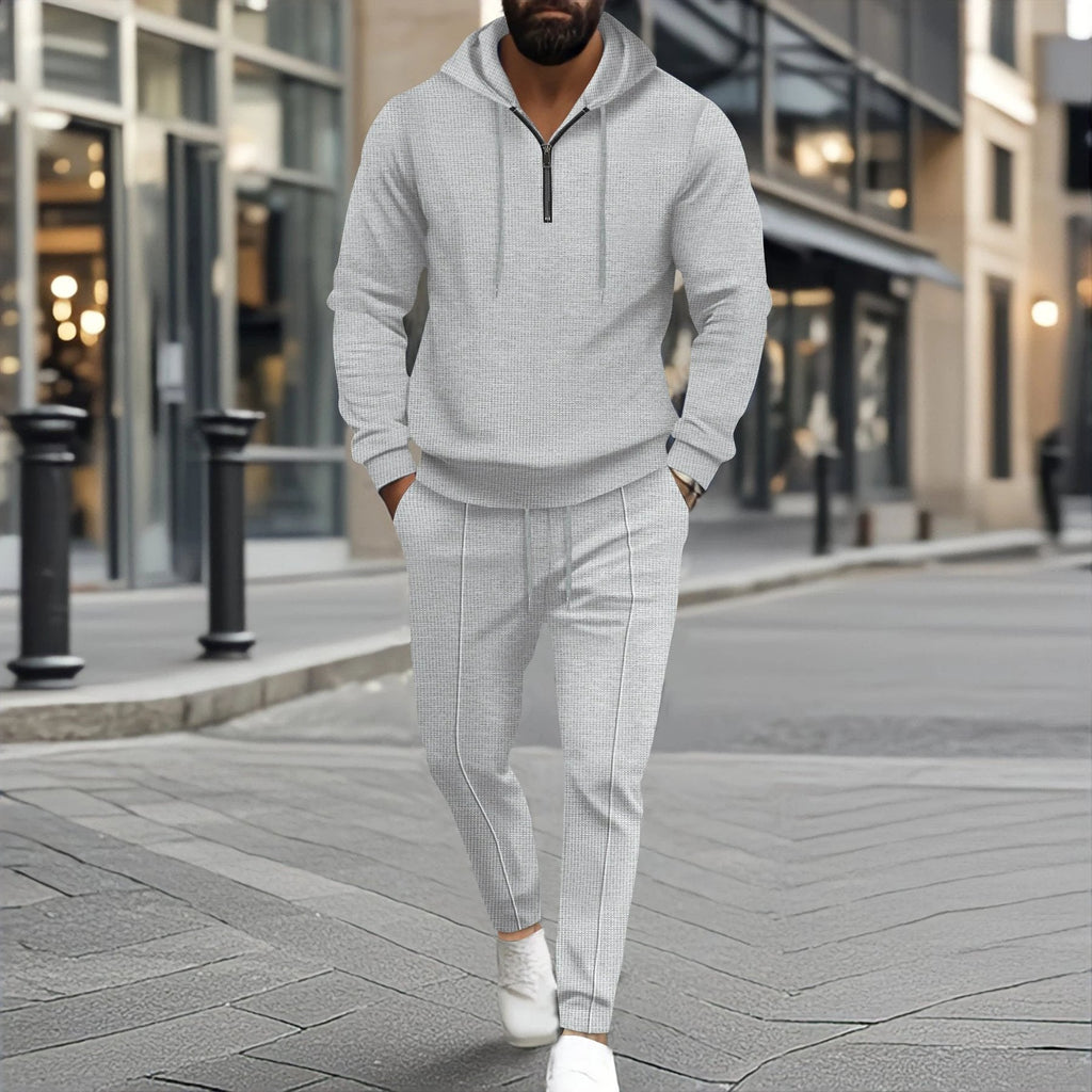 Waffle Hooded Small Zipper Casual Long Sleeve Pants Two-piece Suit