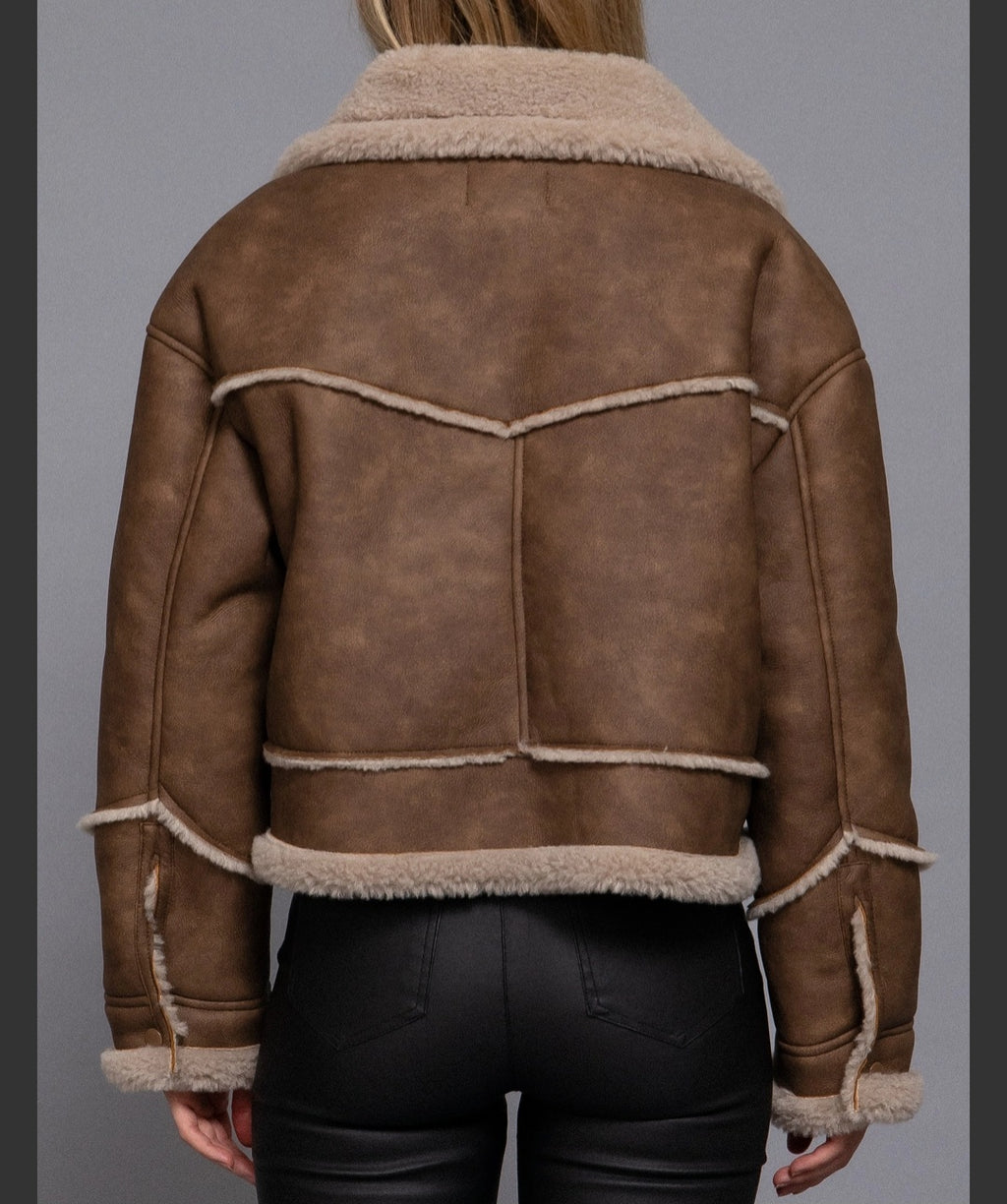 Long Sleeve Pocket Detail Faux Leather Inner Fur Jacket