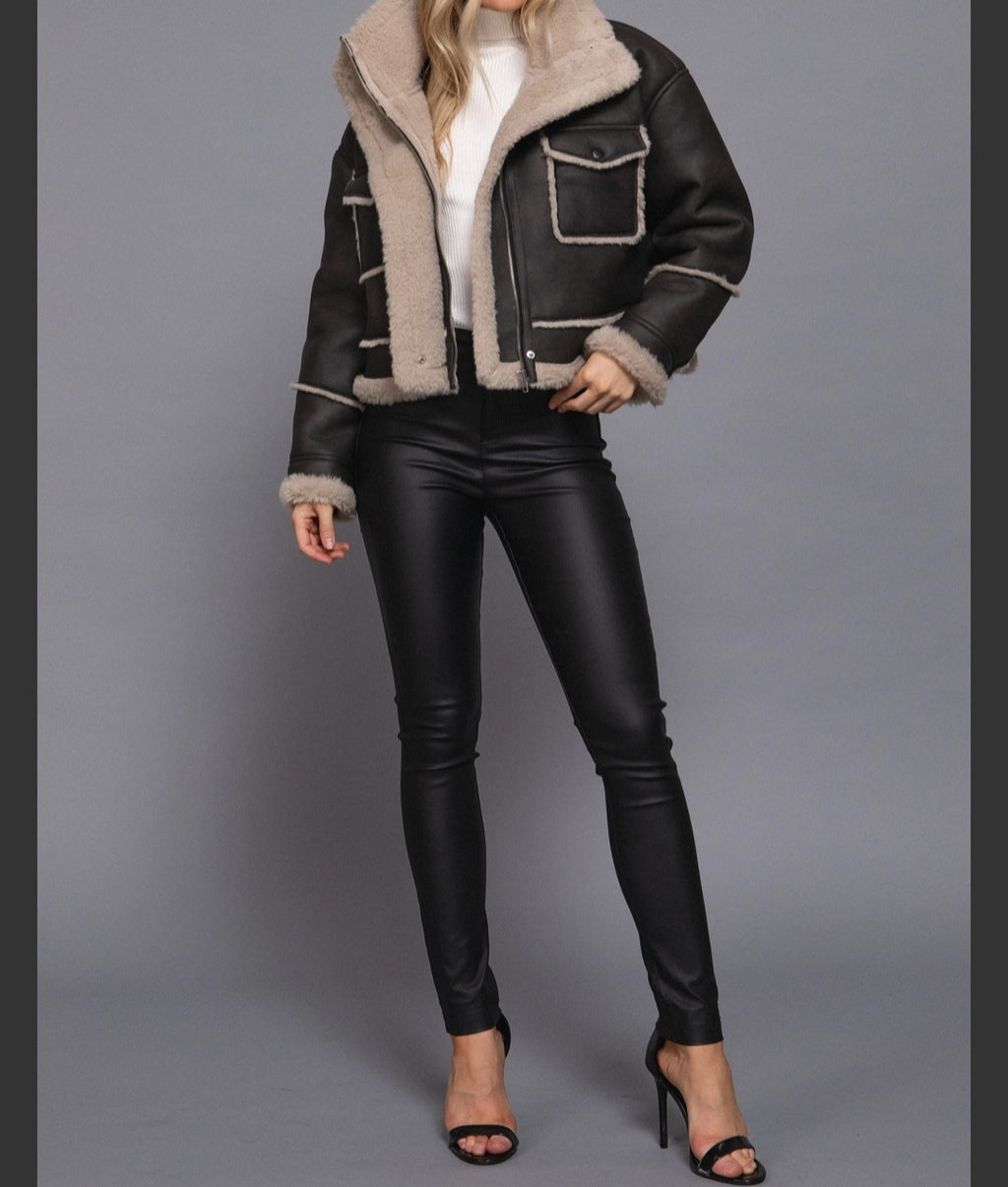Long Sleeve Pocket Detail Faux Leather Inner Fur Jacket