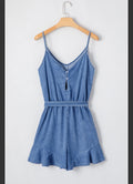 Chambray Spaghetti Strap Romper with Ruffle Hem and Belted Waist