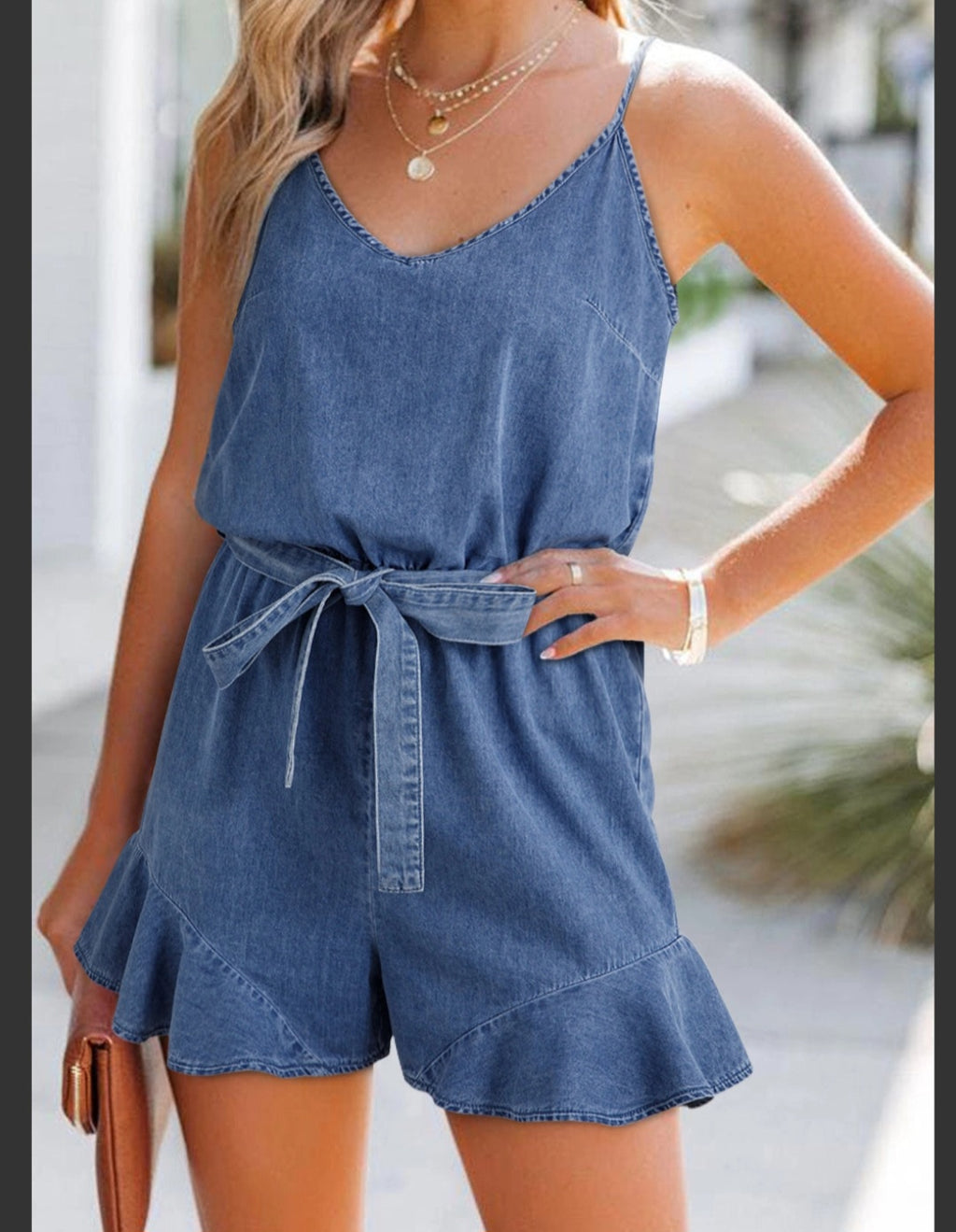 Chambray Spaghetti Strap Romper with Ruffle Hem and Belted Waist