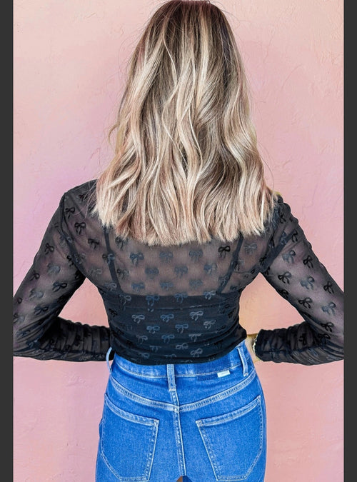 Black Mesh Bow Pattern Long Sleeve Top