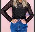 Black Mesh Bow Pattern Long Sleeve Top