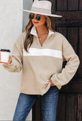 Parchment Fleece Colorblock Patchwork Zipped Neck Pullover Sweatshirt