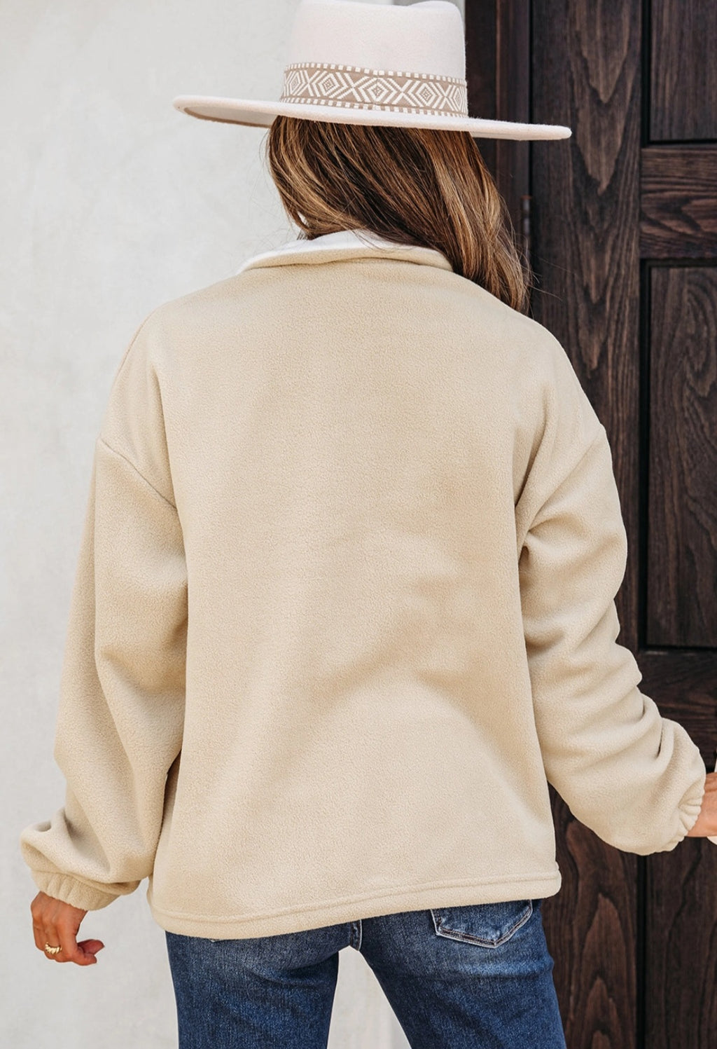 Parchment Fleece Colorblock Patchwork Zipped Neck Pullover Sweatshirt