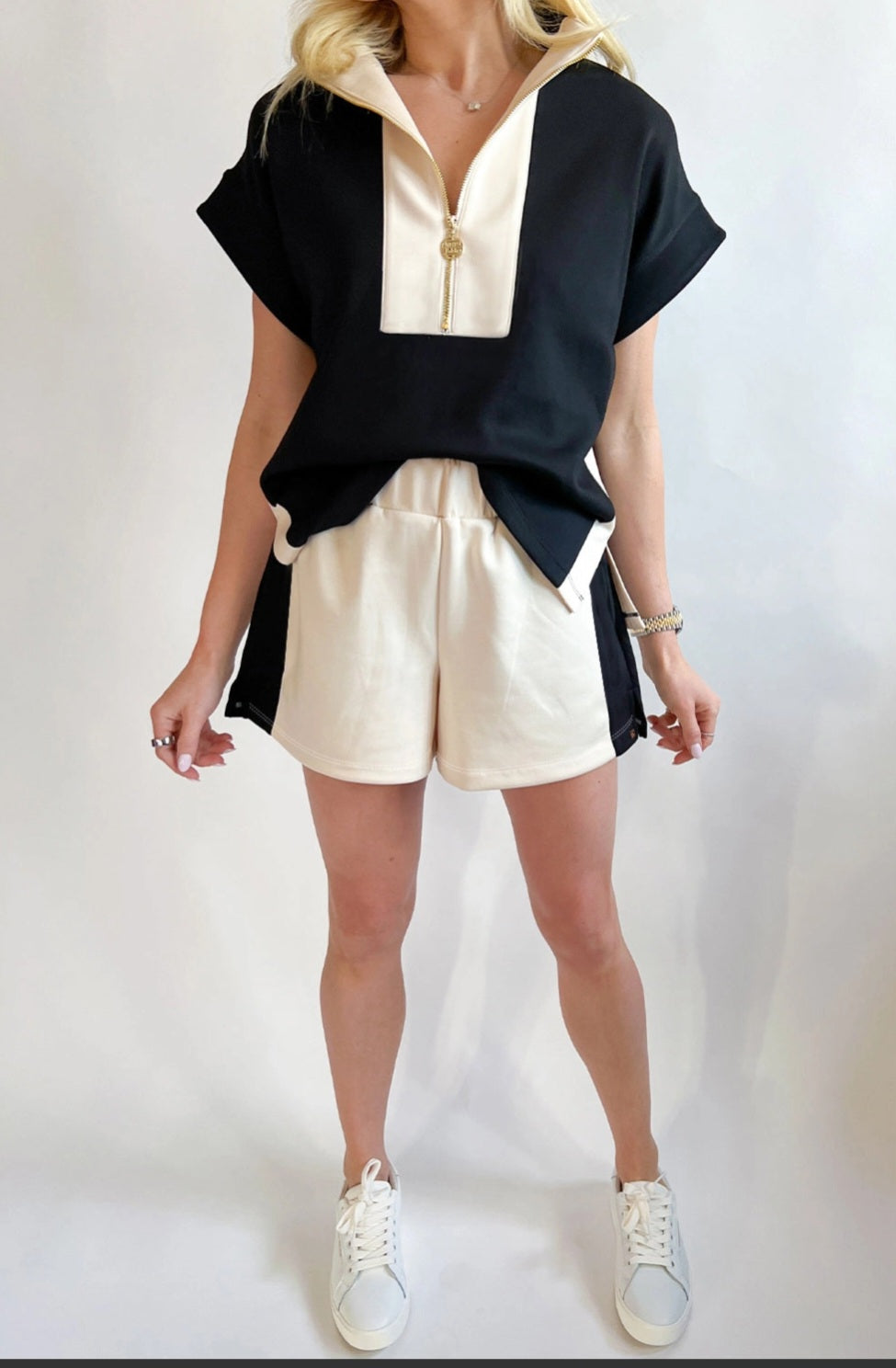 Black Contrast Zipped Stand Collared T Shirt and Short Set