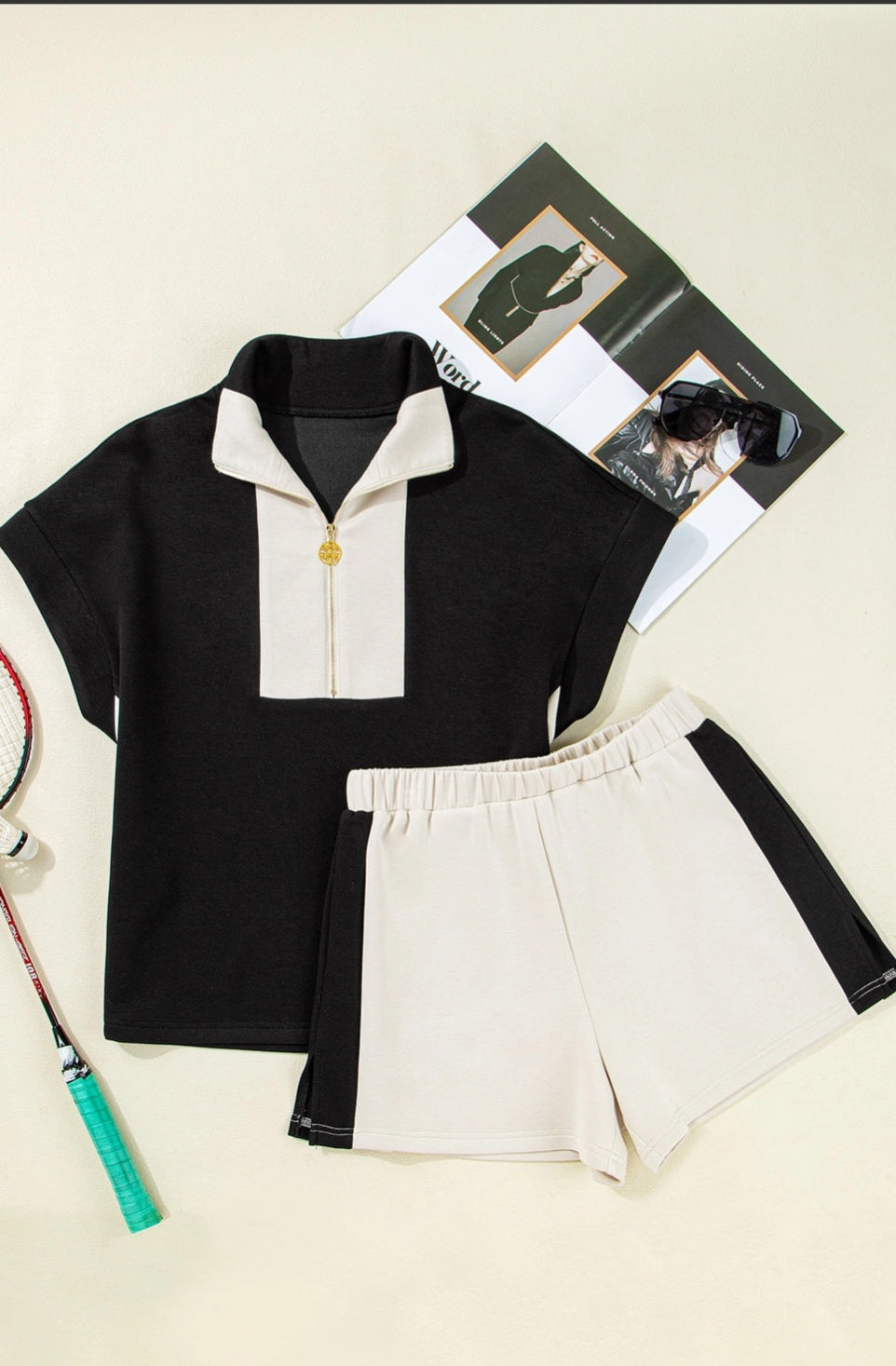 Black Contrast Zipped Stand Collared T Shirt and Short Set