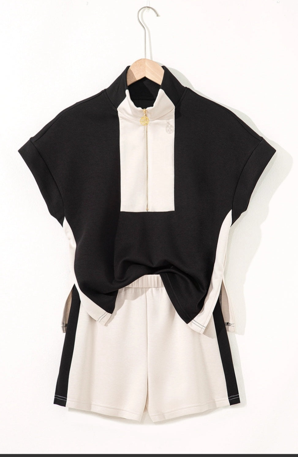 Black Contrast Zipped Stand Collared T Shirt and Short Set
