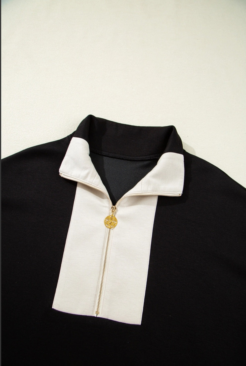 Black Contrast Zipped Stand Collared T Shirt and Short Set