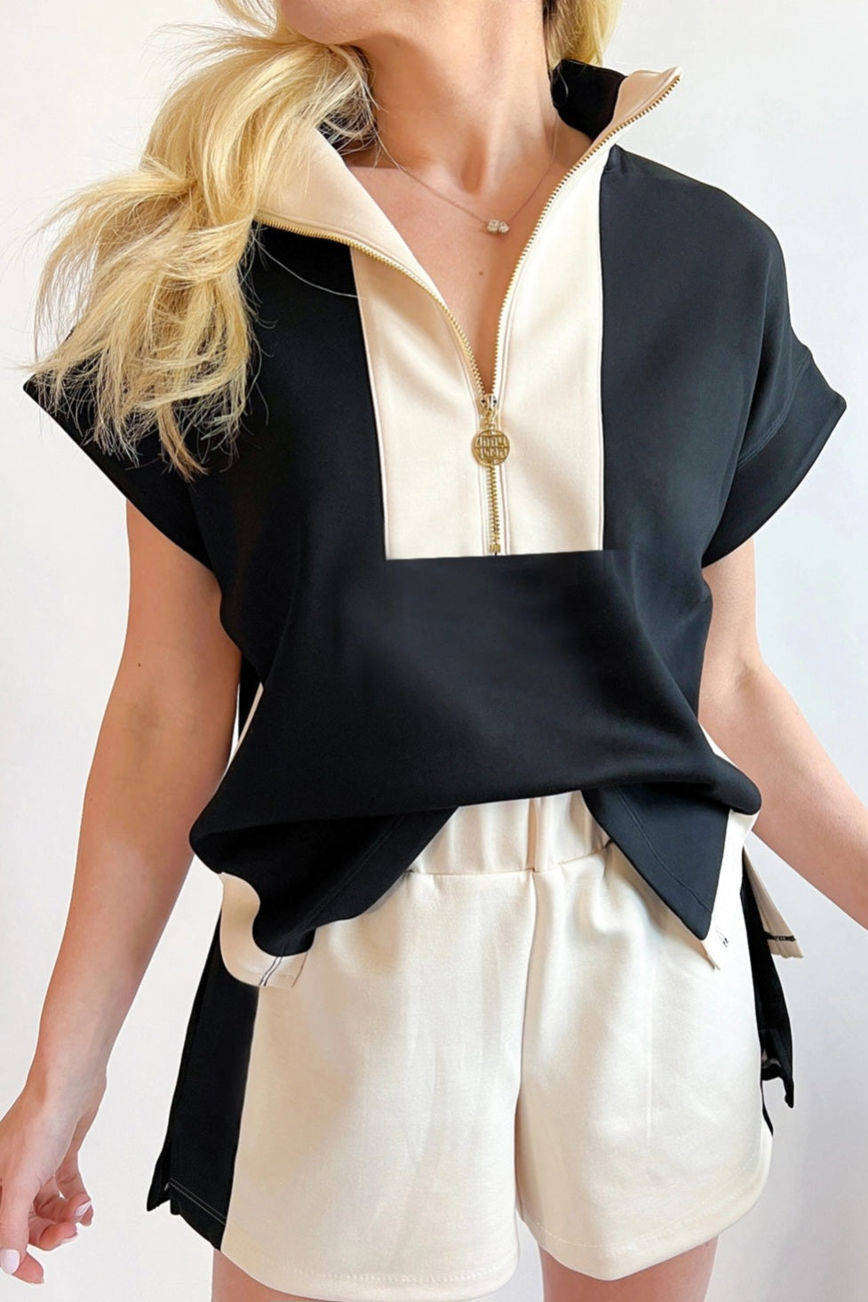 Black Contrast Zipped Stand Collared T Shirt and Short Set