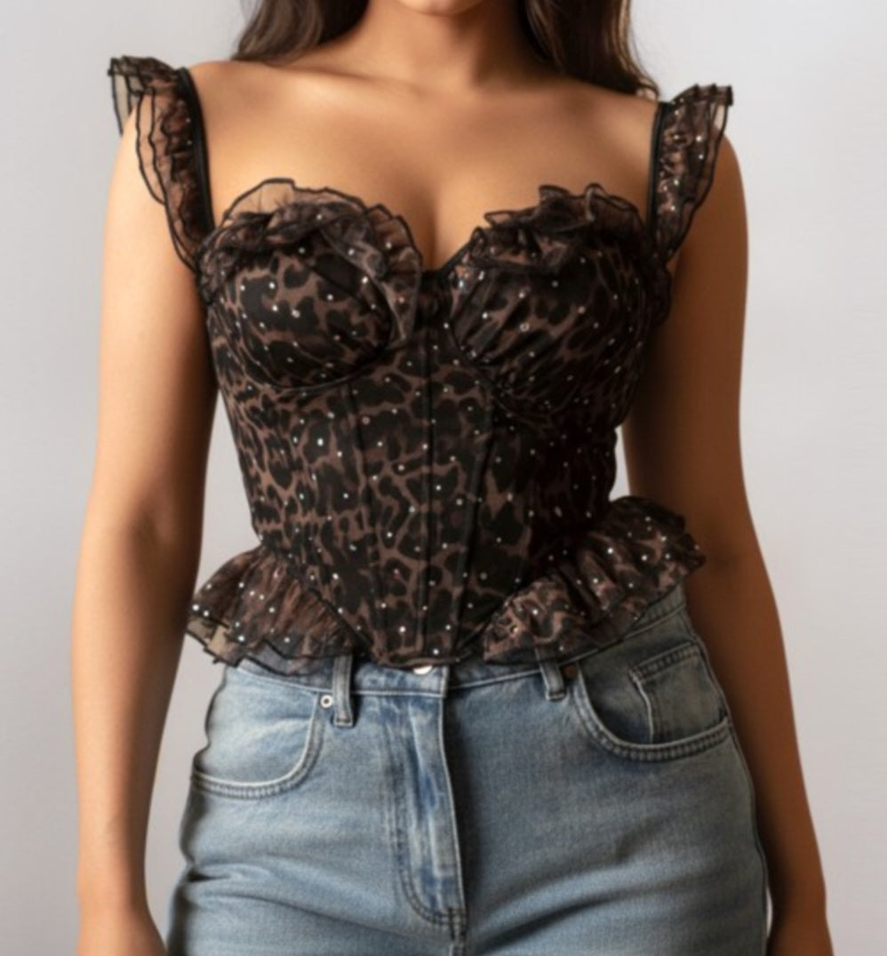 Leopard Printed Rhinestone Bustier Lace Top