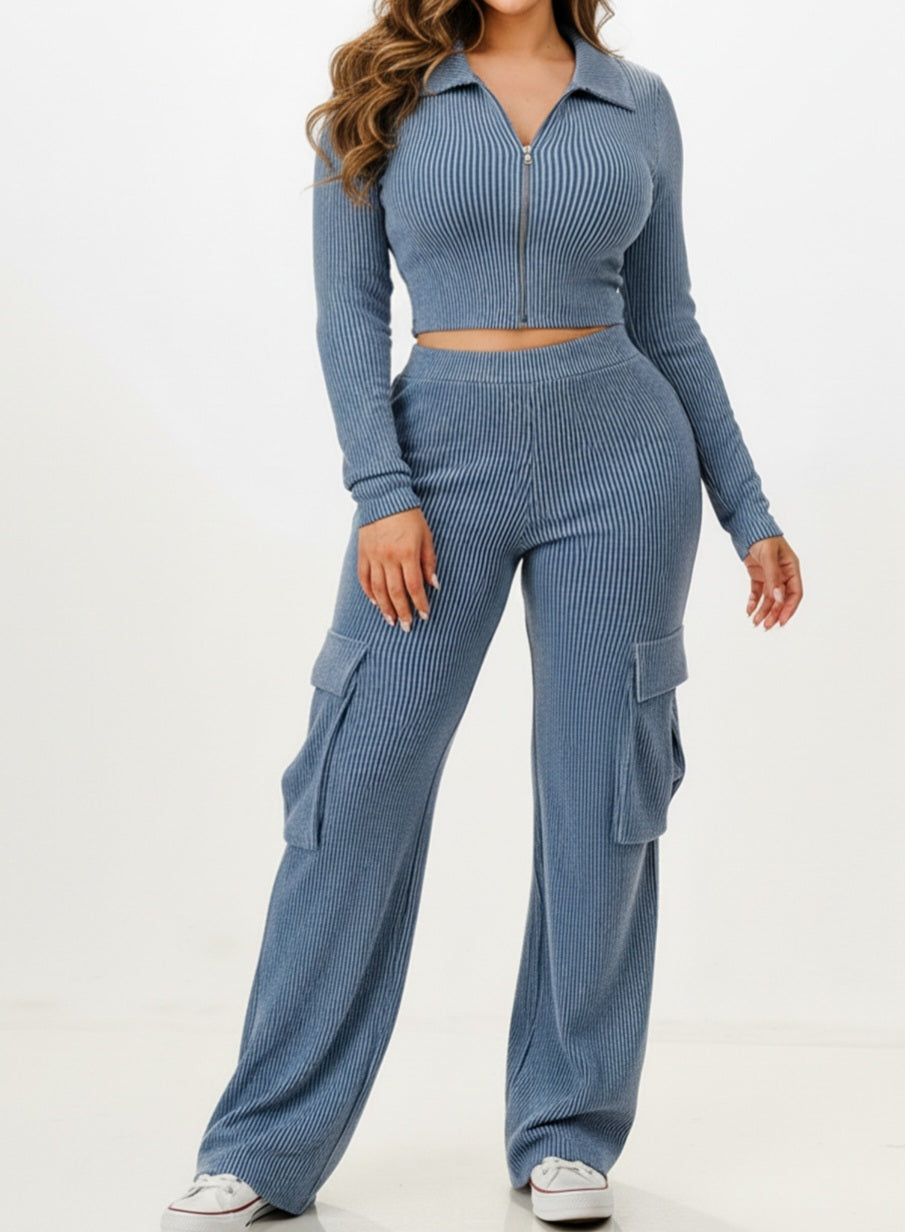 Ribbed Zip-Up Cargo Lounge Set