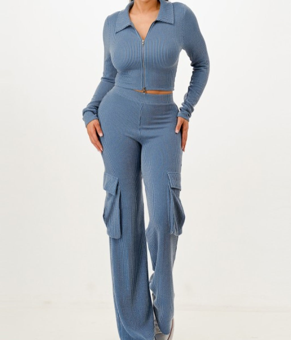 Ribbed Zip-Up Cargo Lounge Set