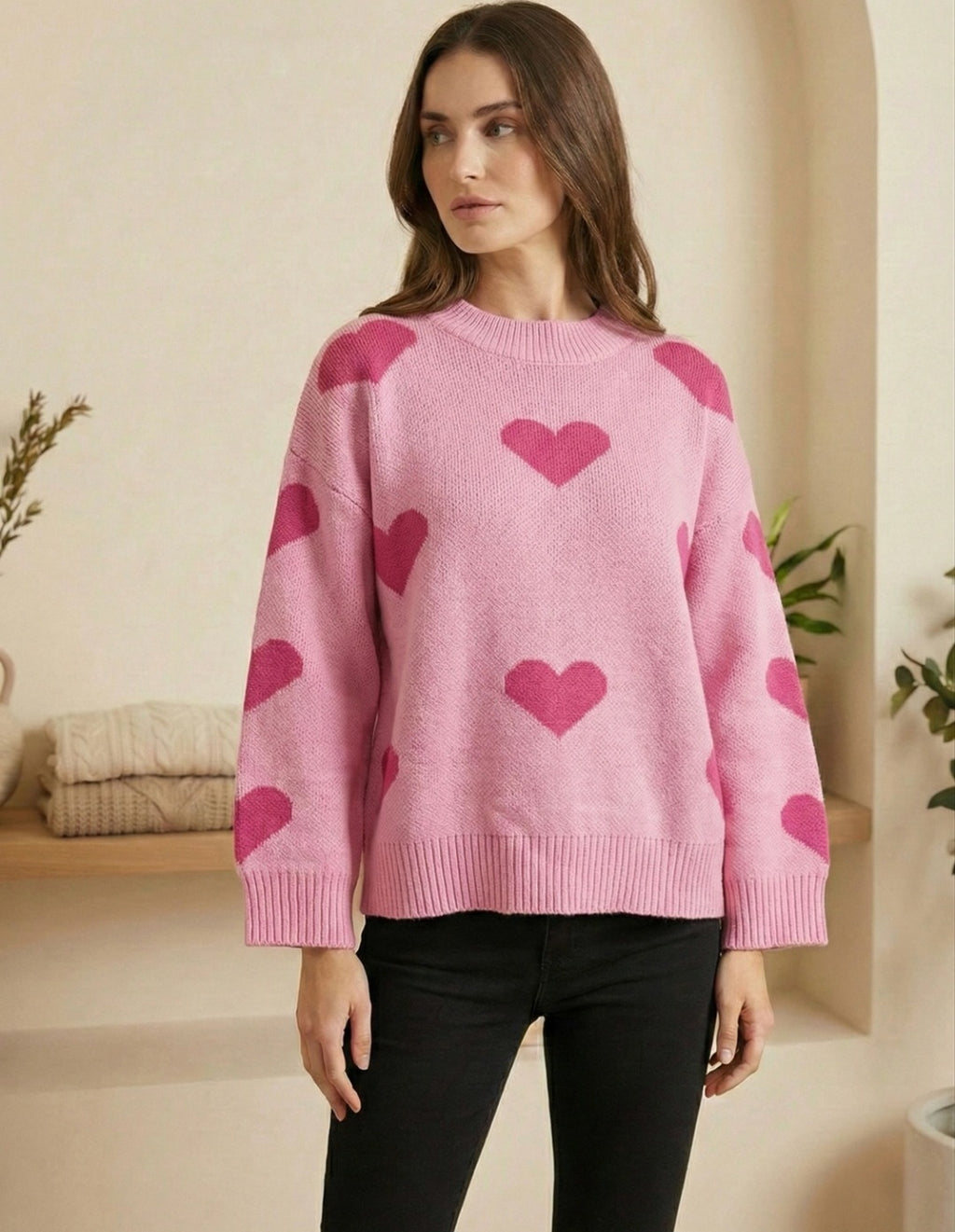 Heart Pattern Knit Sweater Pink Valentines Sweater