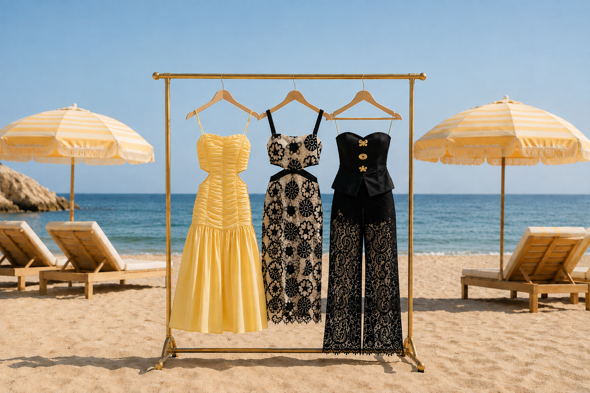 Yellow maxi dress, black and white maxi dress, and black lace jumpsuit from J and E Luxe Boutique hanging on the beach