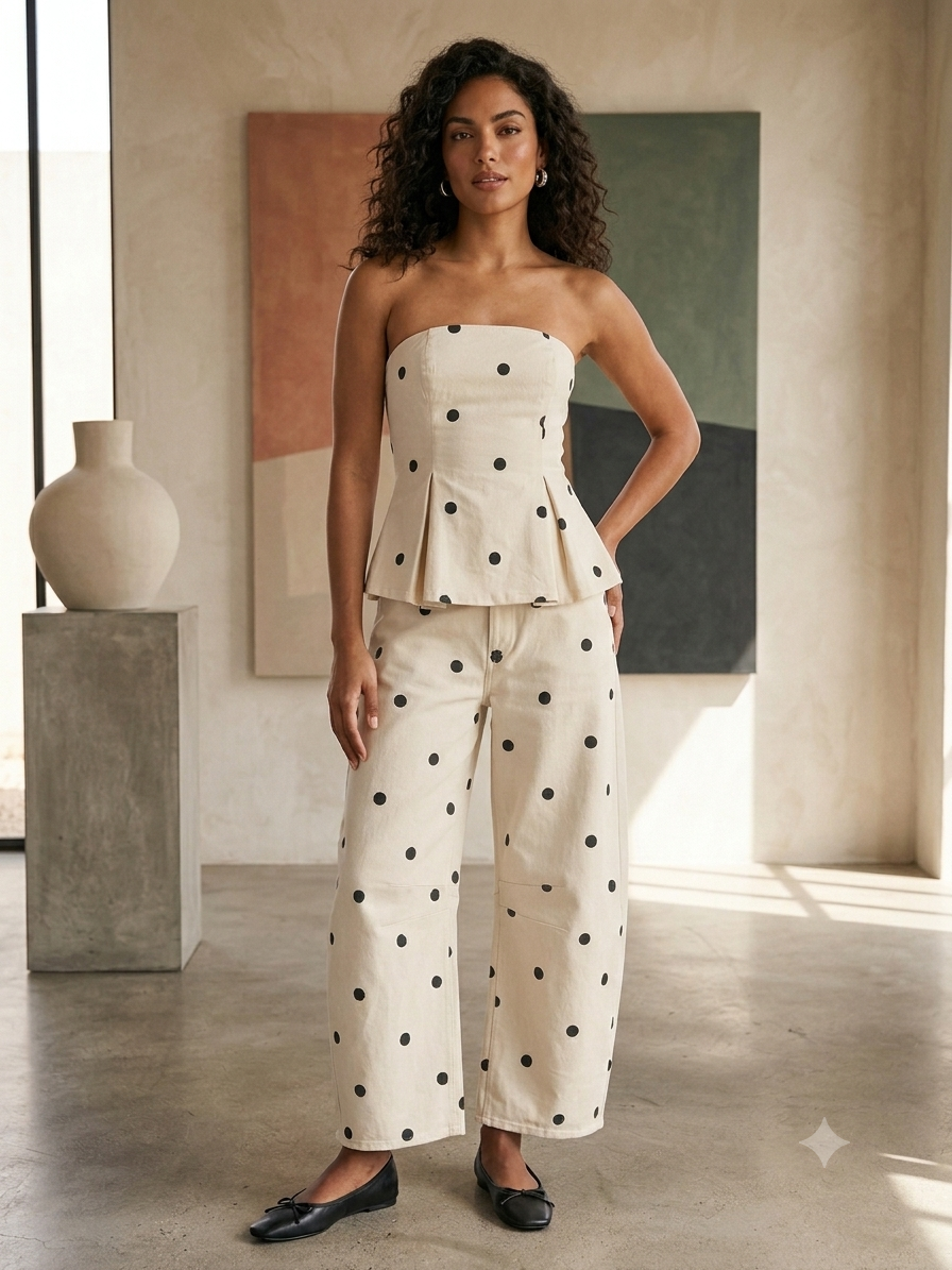 A woman is wearing a cream polka dot matching set with a strapless peplum top and wide leg pants.