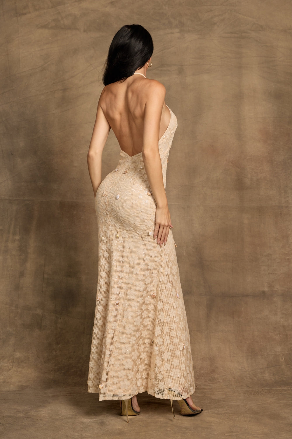Champagne SeaShell Halter Maxi Dress