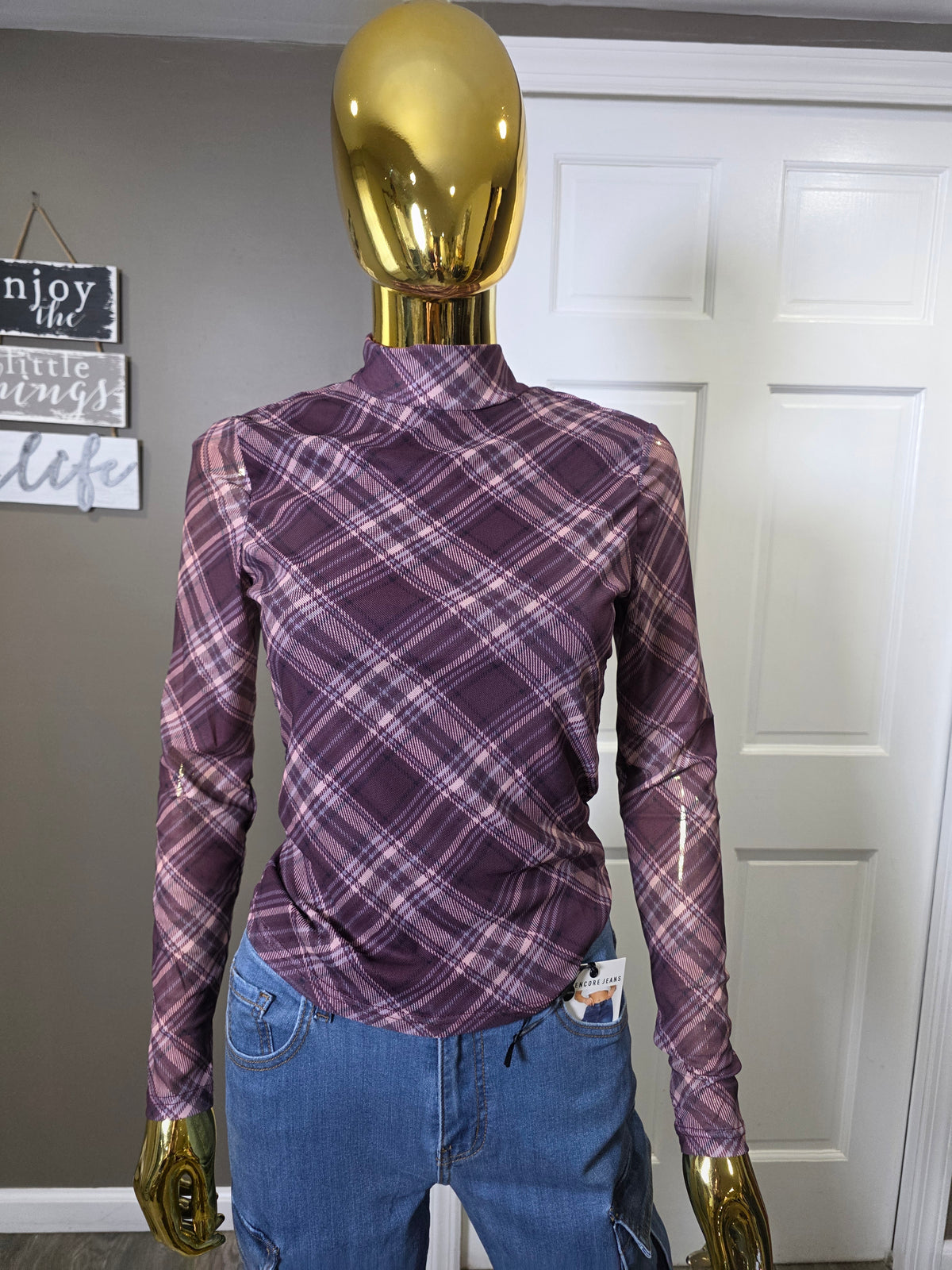 Plaid Mock Neck Top