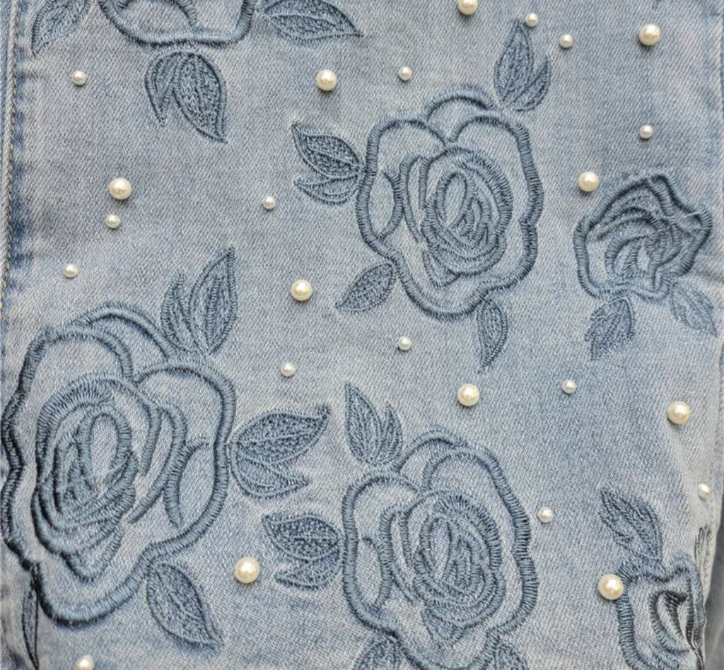 Rose Pearl Luxe Wide-Leg Denim Jeans