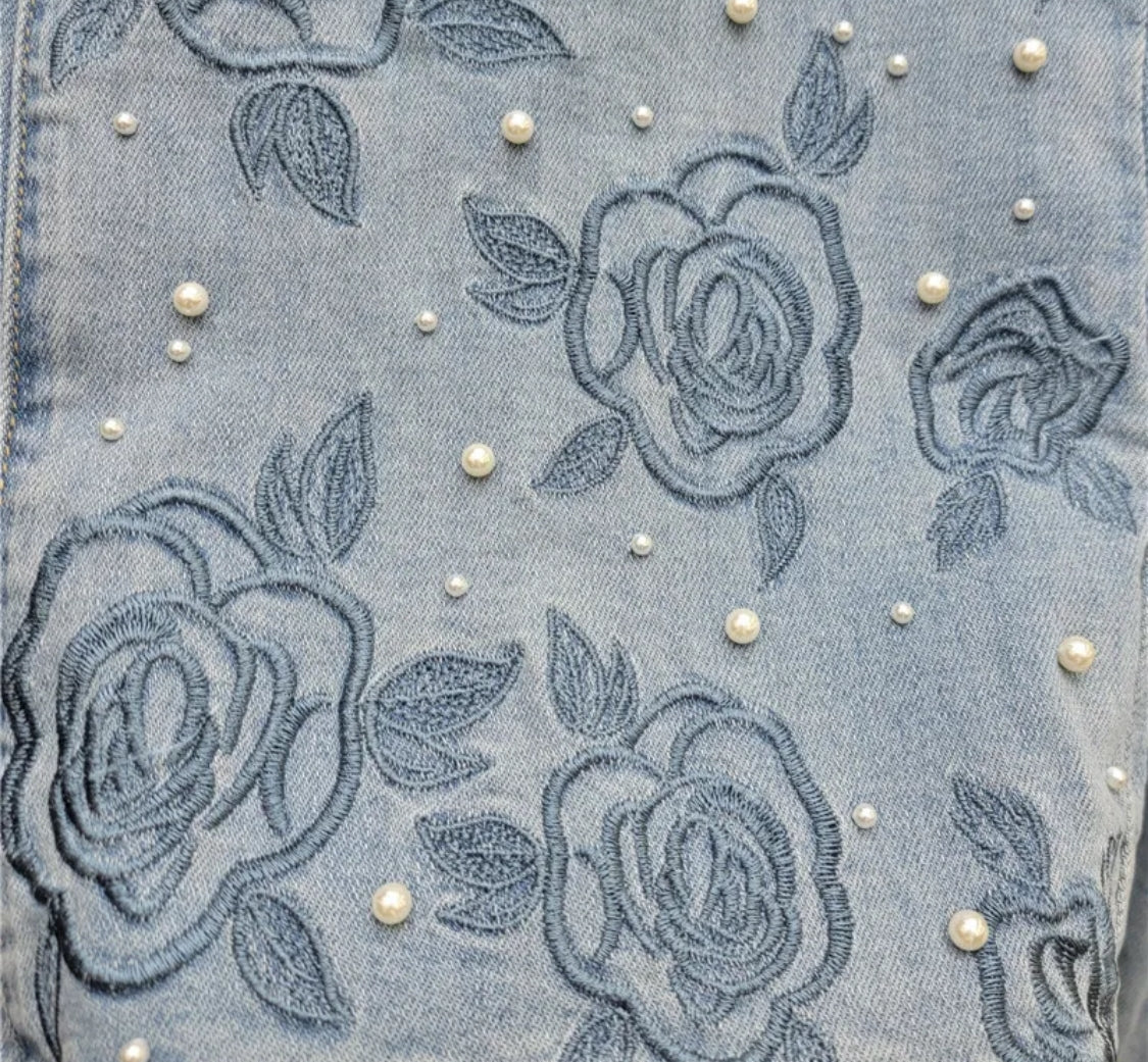 Rose Pearl Luxe Wide-Leg Denim Jeans