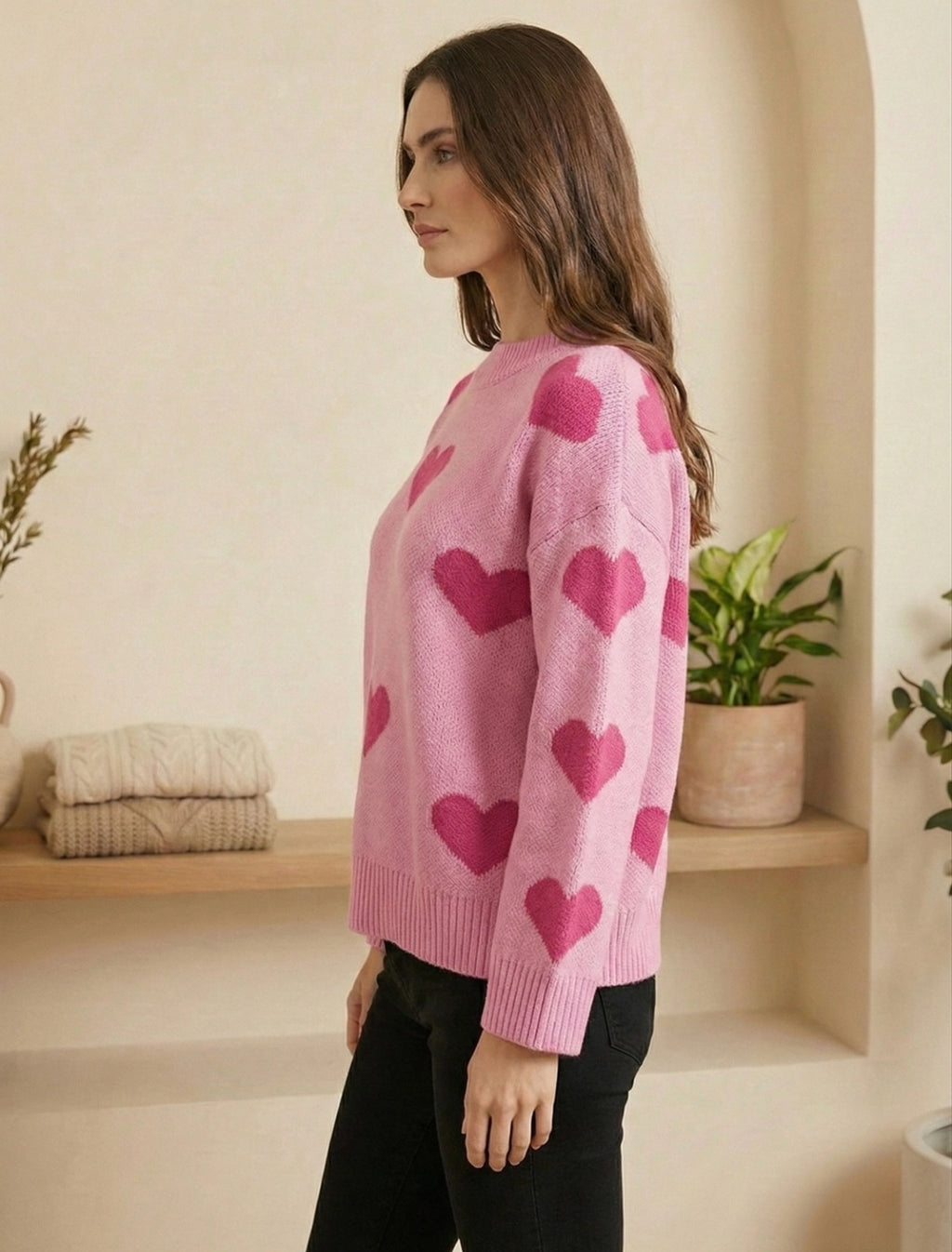 Heart Pattern Knit Sweater Pink Valentines Sweater