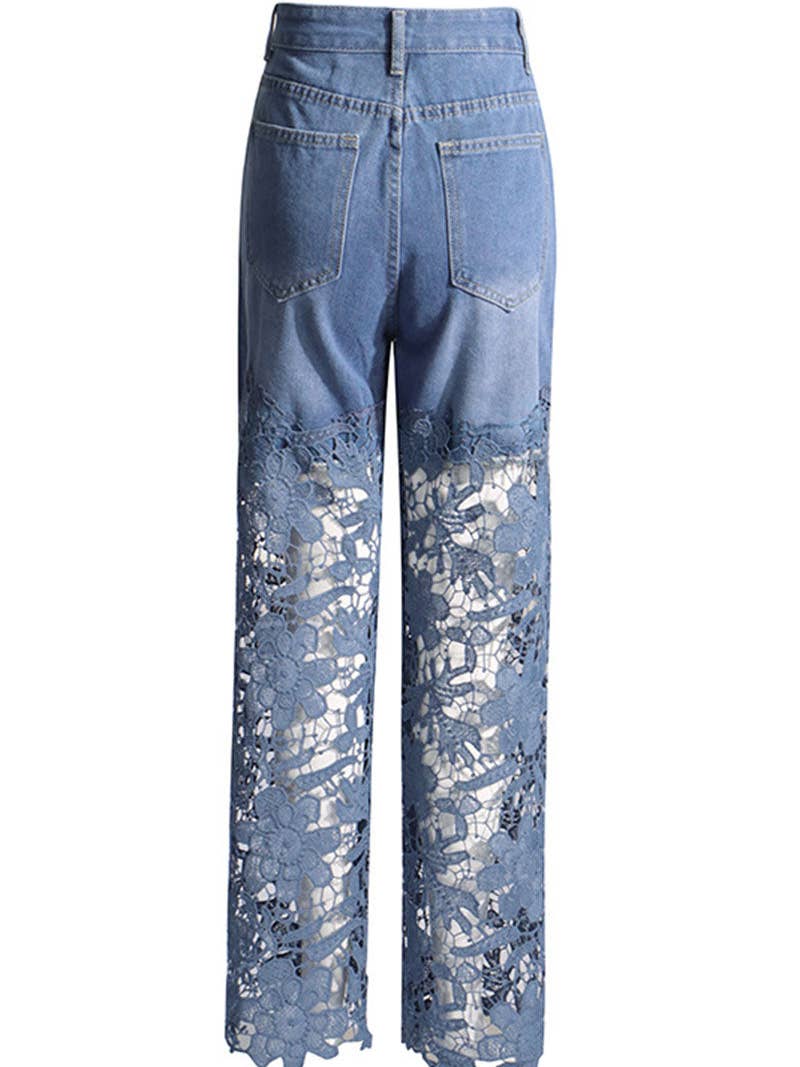 Lace Denim Wide-Leg Pants
