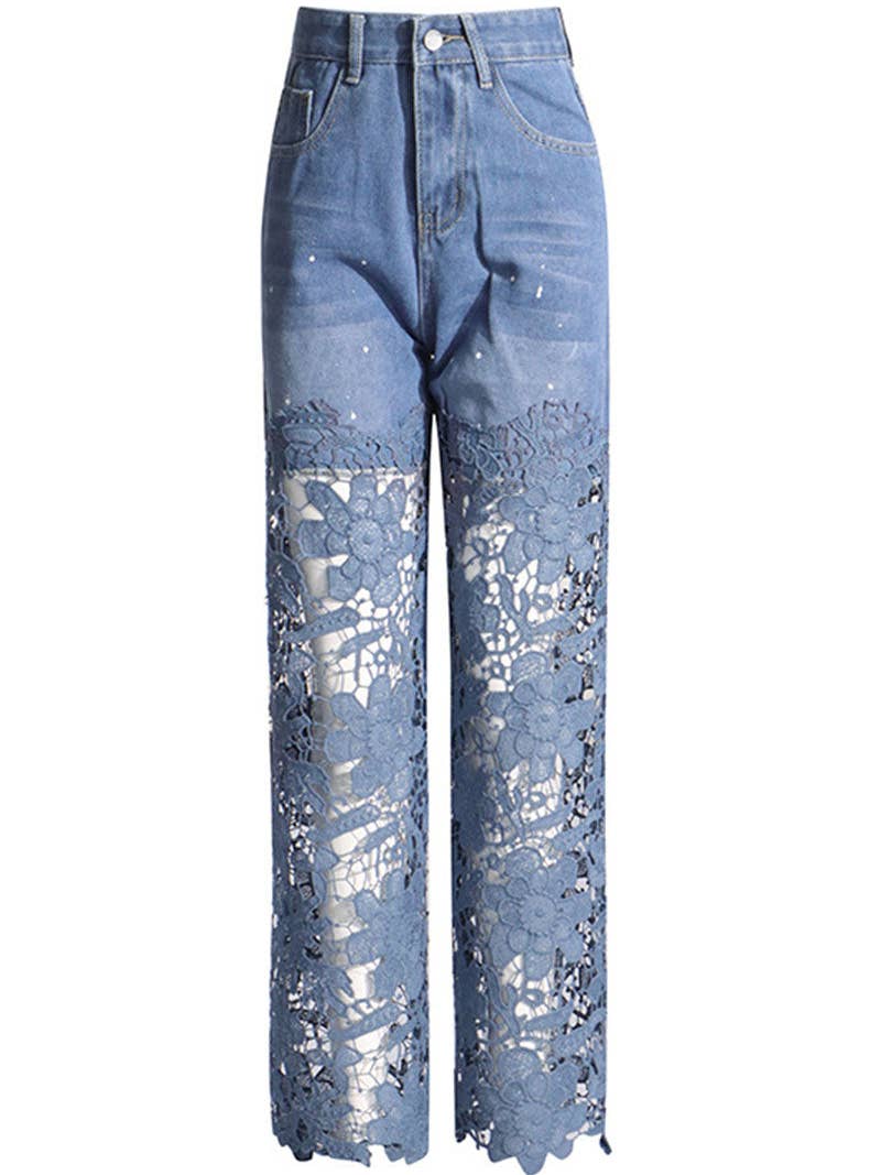 Lace Denim Wide-Leg Pants