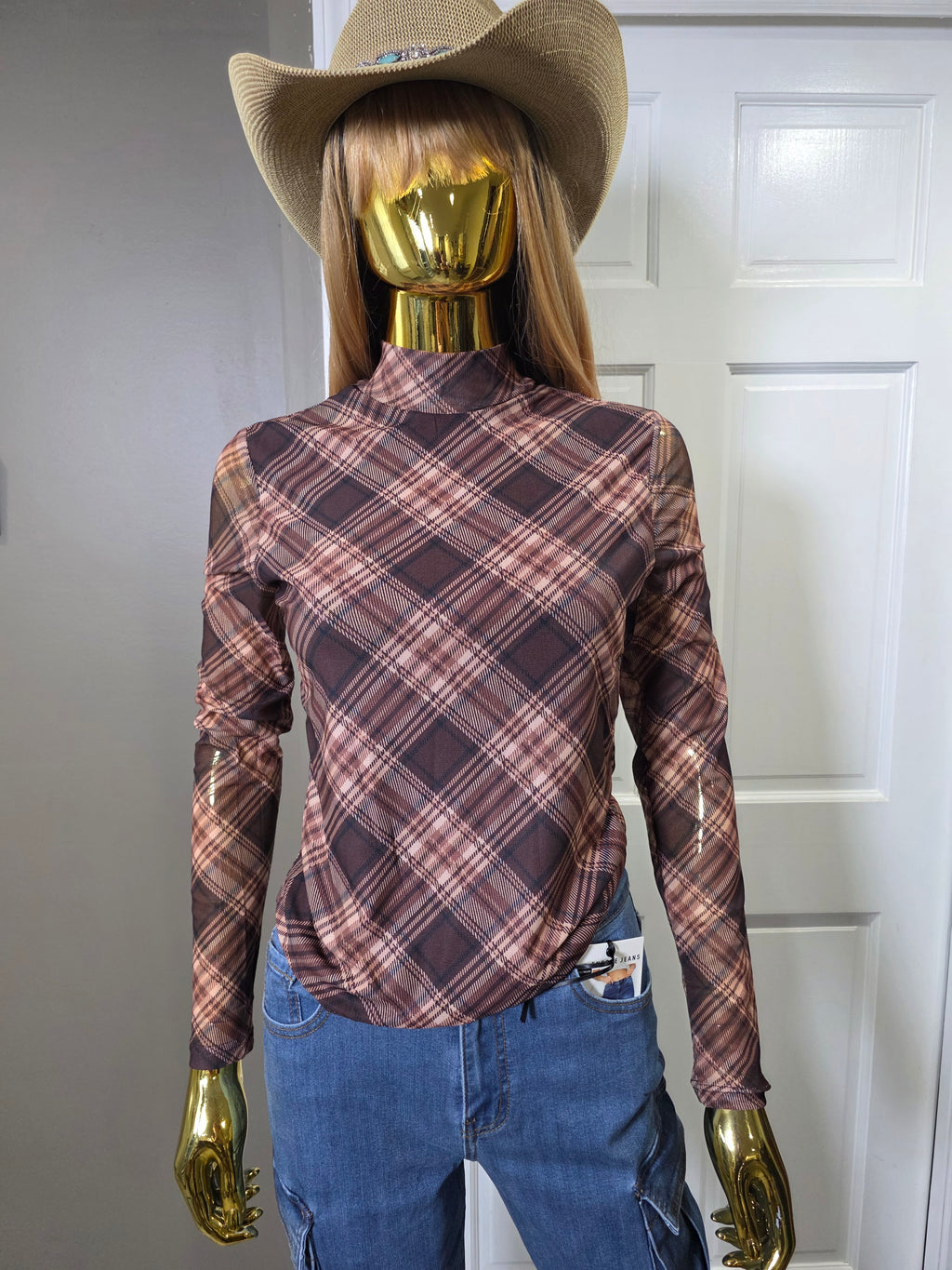 Plaid Mock Neck Top