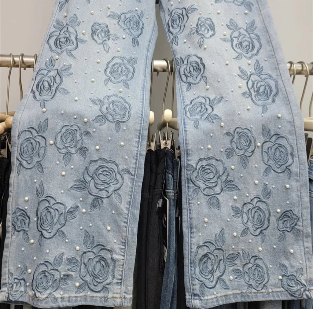 Rose Pearl Luxe Wide-Leg Denim Jeans