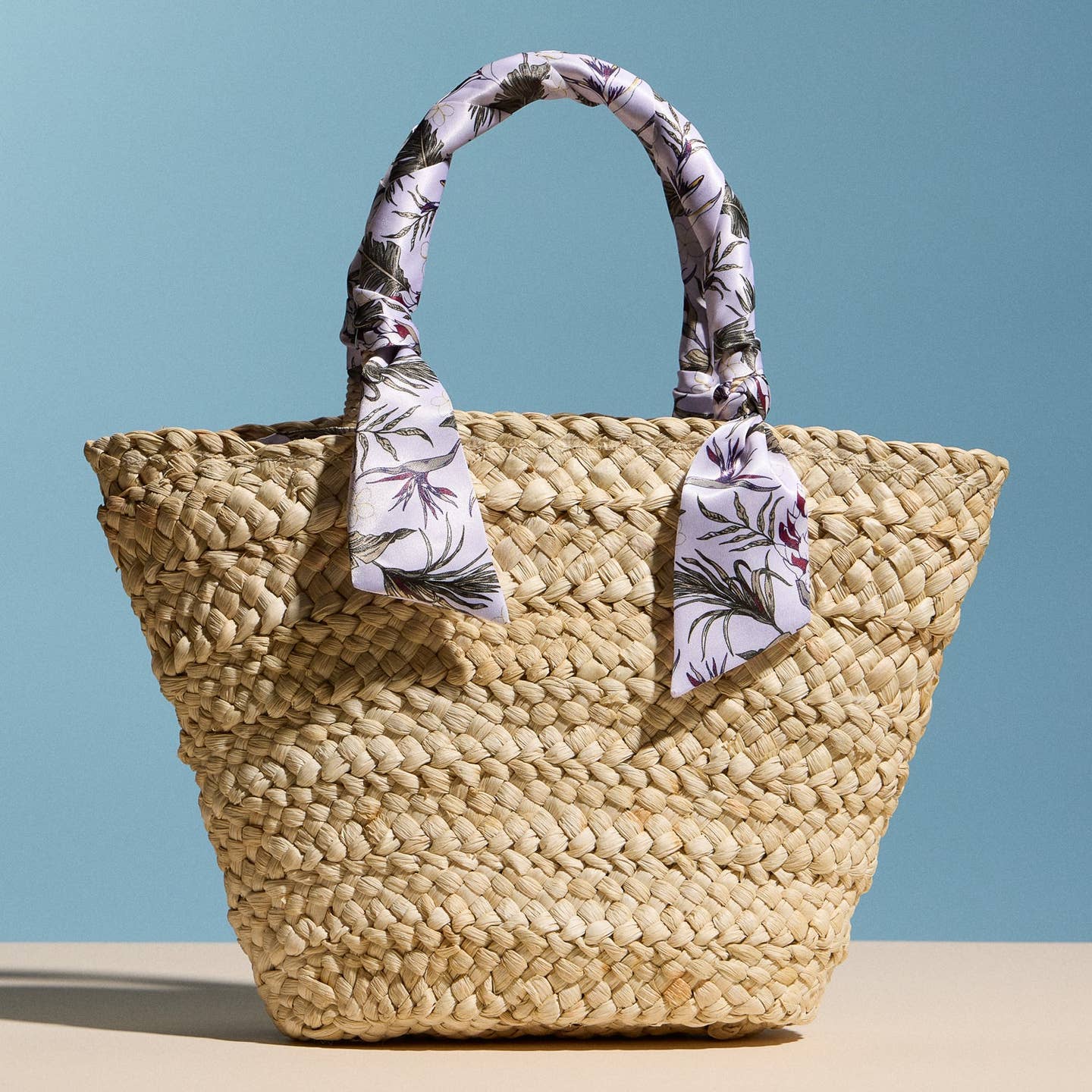 Raffia Mini Tote Bag with Floral Scarf Handles