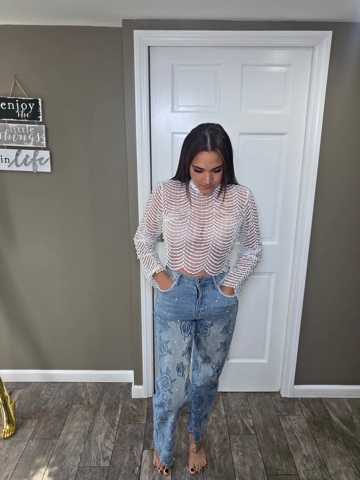 Pearl Cascade Mesh Top